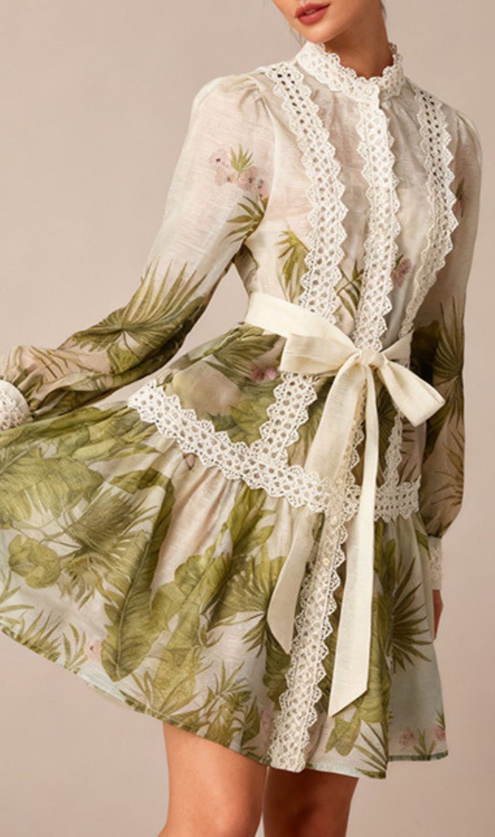 Justina Tropical Charm Mini Dress: Chic Lace & Long Sleeve Style