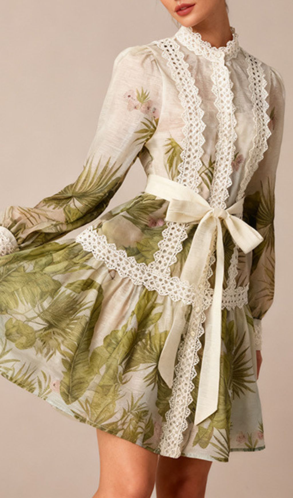 Justina Tropical Charm Mini Dress: Chic Lace & Long Sleeve Style