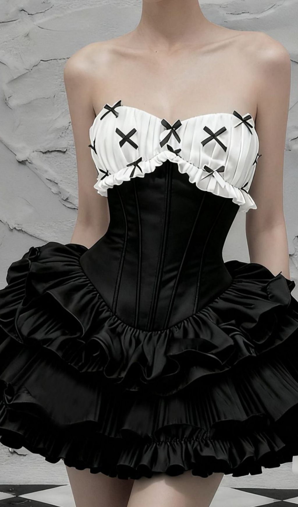 Irca Noir Strapless Corset Mini Dress with Ruffle & Bow Accents