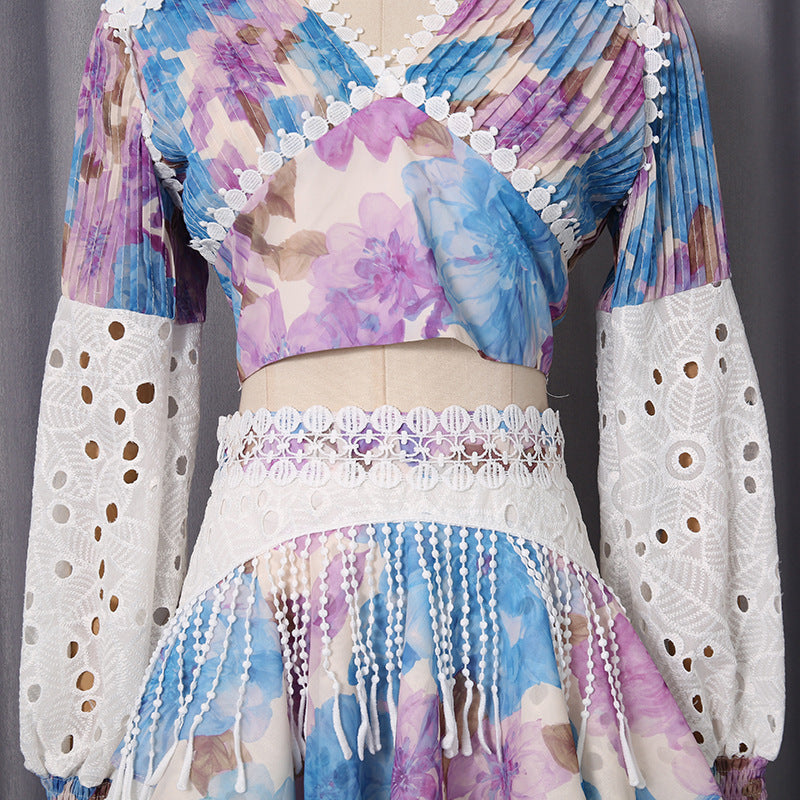 Ilknur Boho Chic Floral Crop Top & Eyelet Lace Mini Skirt Two-Piece Set