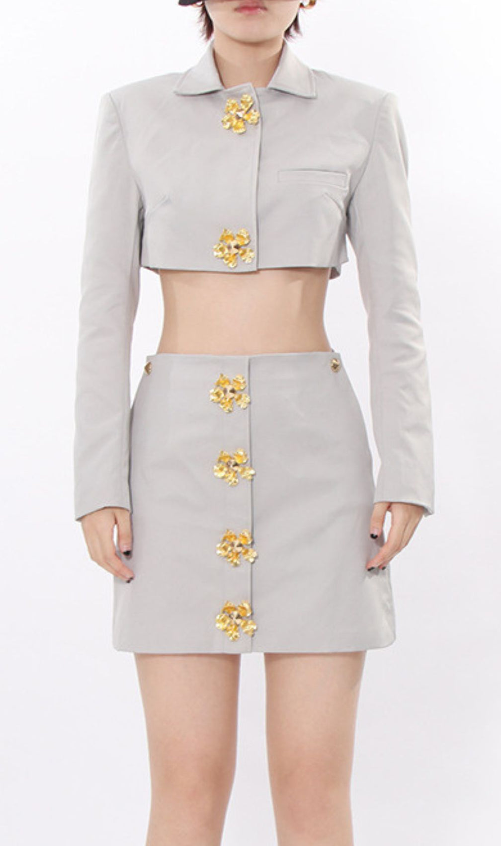 Idriya Chic Grey Cropped Blazer & Mini Skirt Set with Gold Floral Buttons