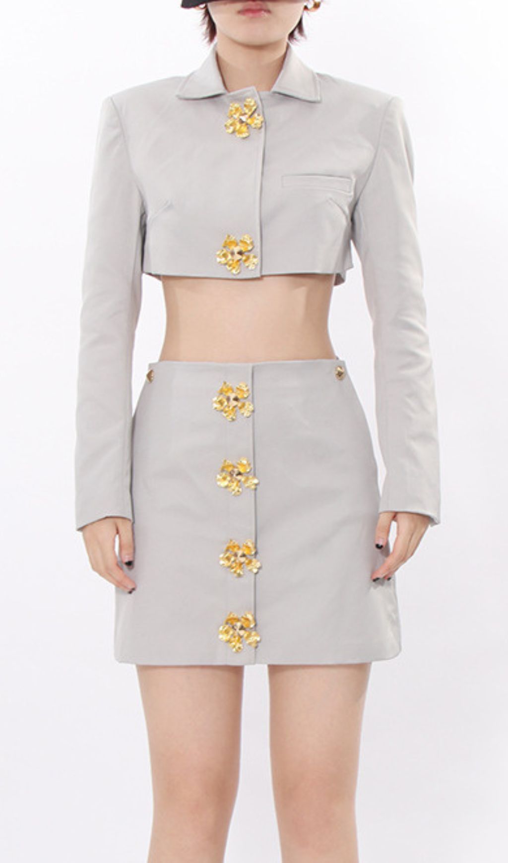 Idriya Chic Grey Cropped Blazer & Mini Skirt Set with Gold Floral Buttons