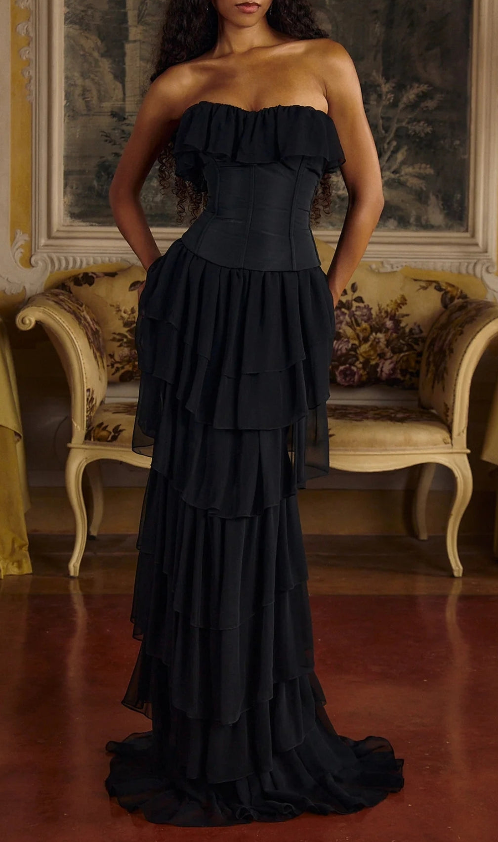 Angelie Black Ruffle Corset Maxi Dress