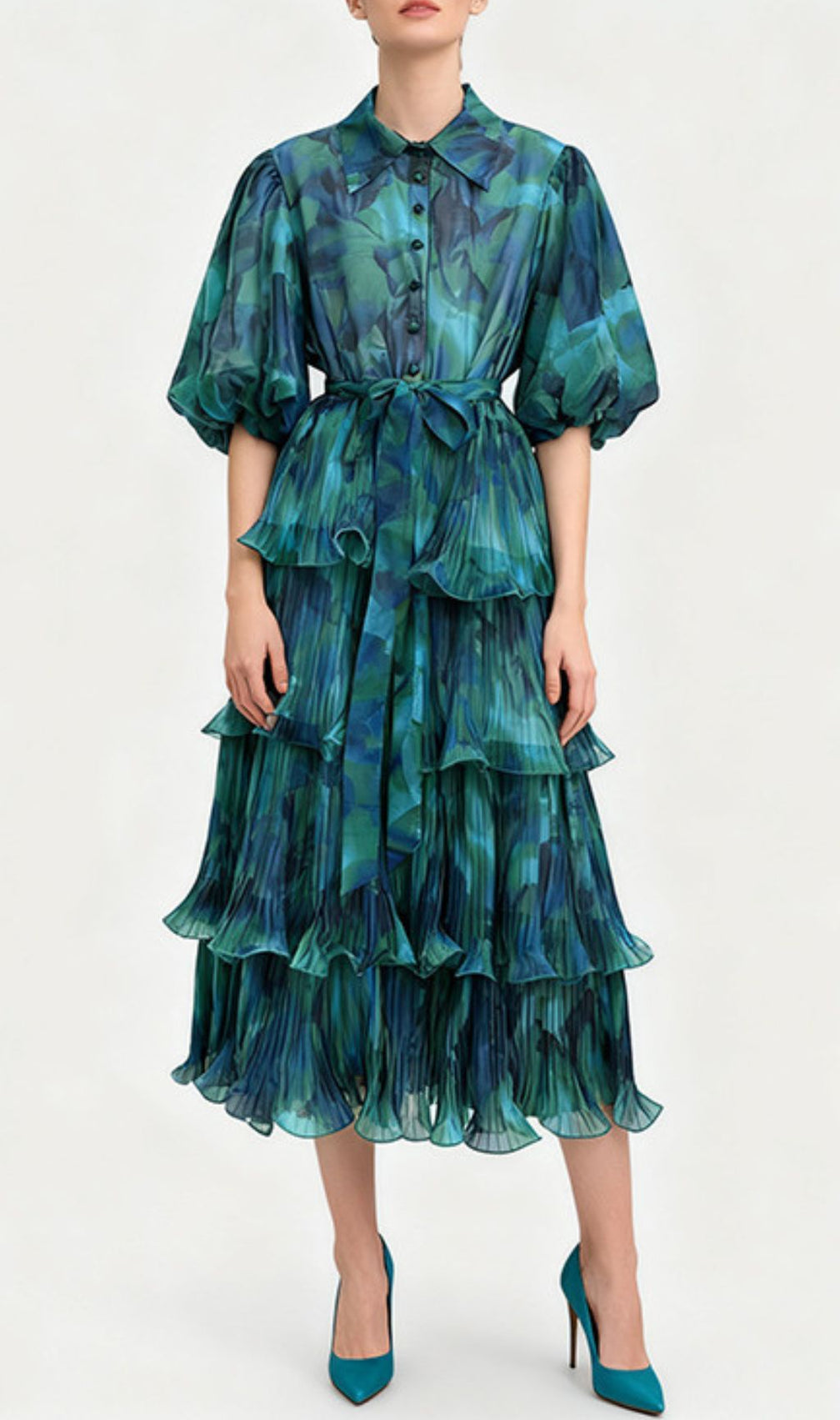 Ilma Vibrant Teal & Blue Printed Puff Sleeve Layered Midi Dress