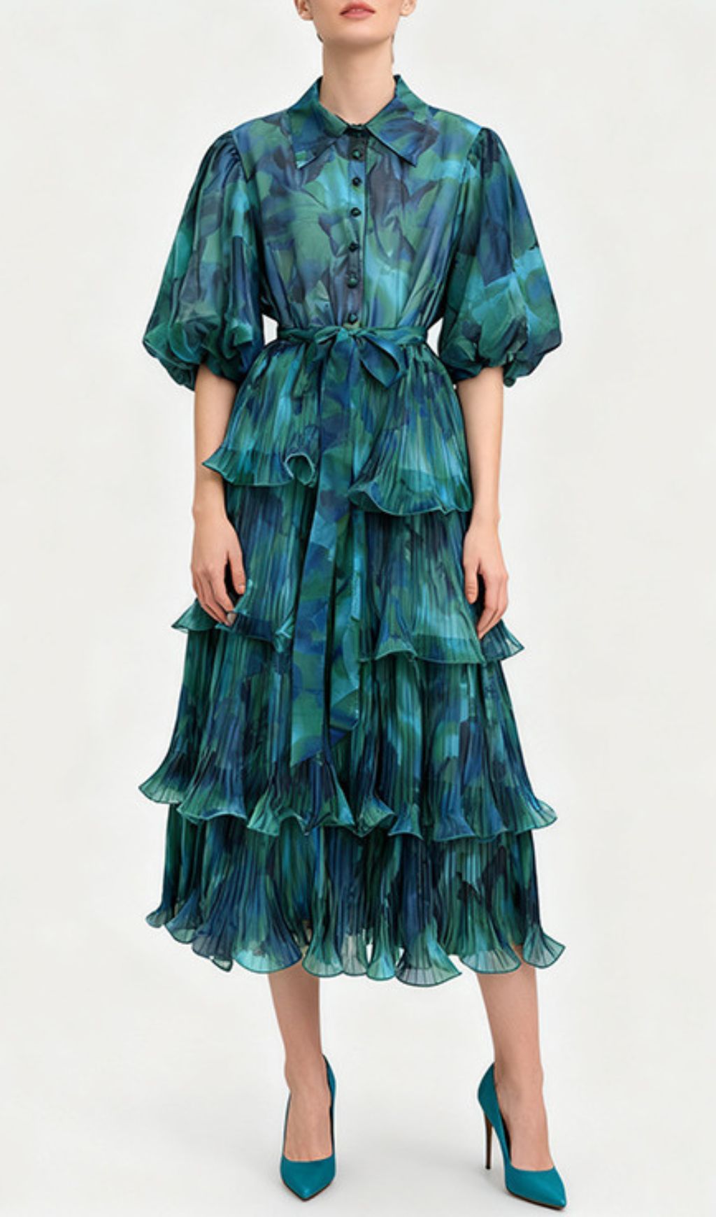 Ilma Vibrant Teal & Blue Printed Puff Sleeve Layered Midi Dress