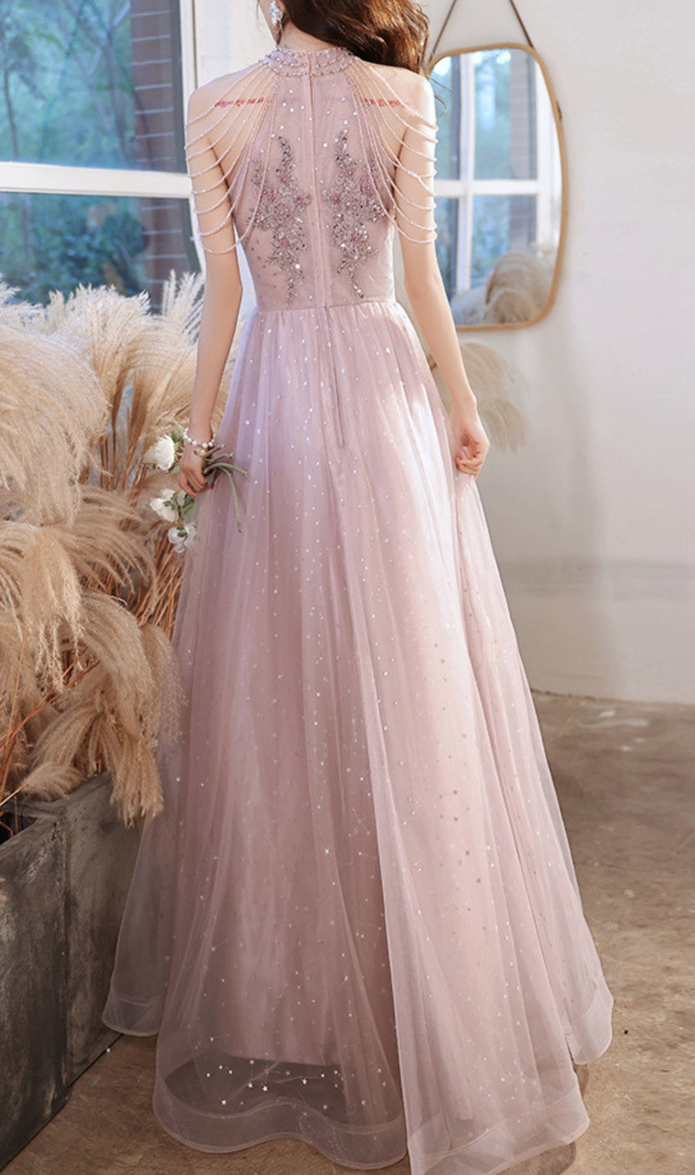 Cleon Halter Flower Sequin Maxi Dress