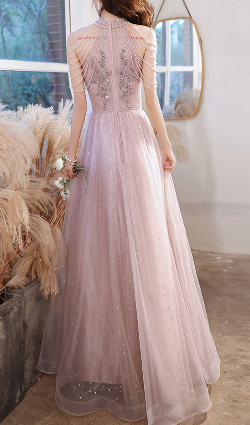 Cleon Halter Flower Sequin Maxi Dress