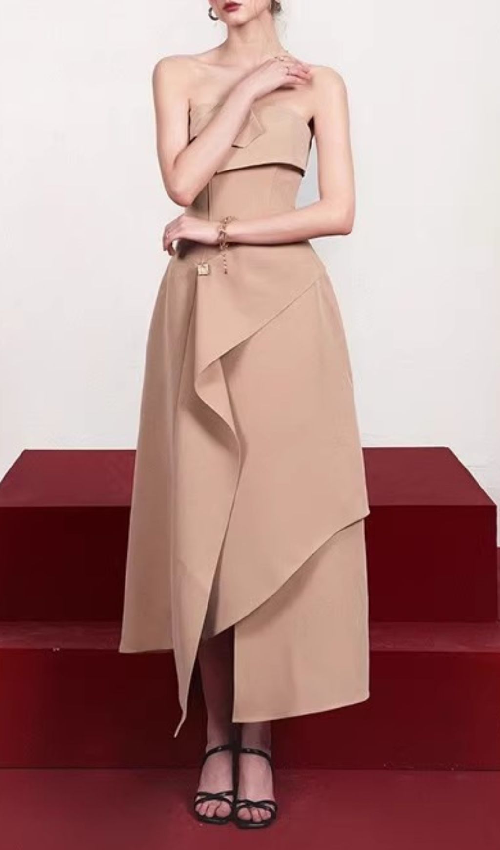 Jasmin Strapless Midi Dress: Chic Asymmetric Design for Modern Elegance