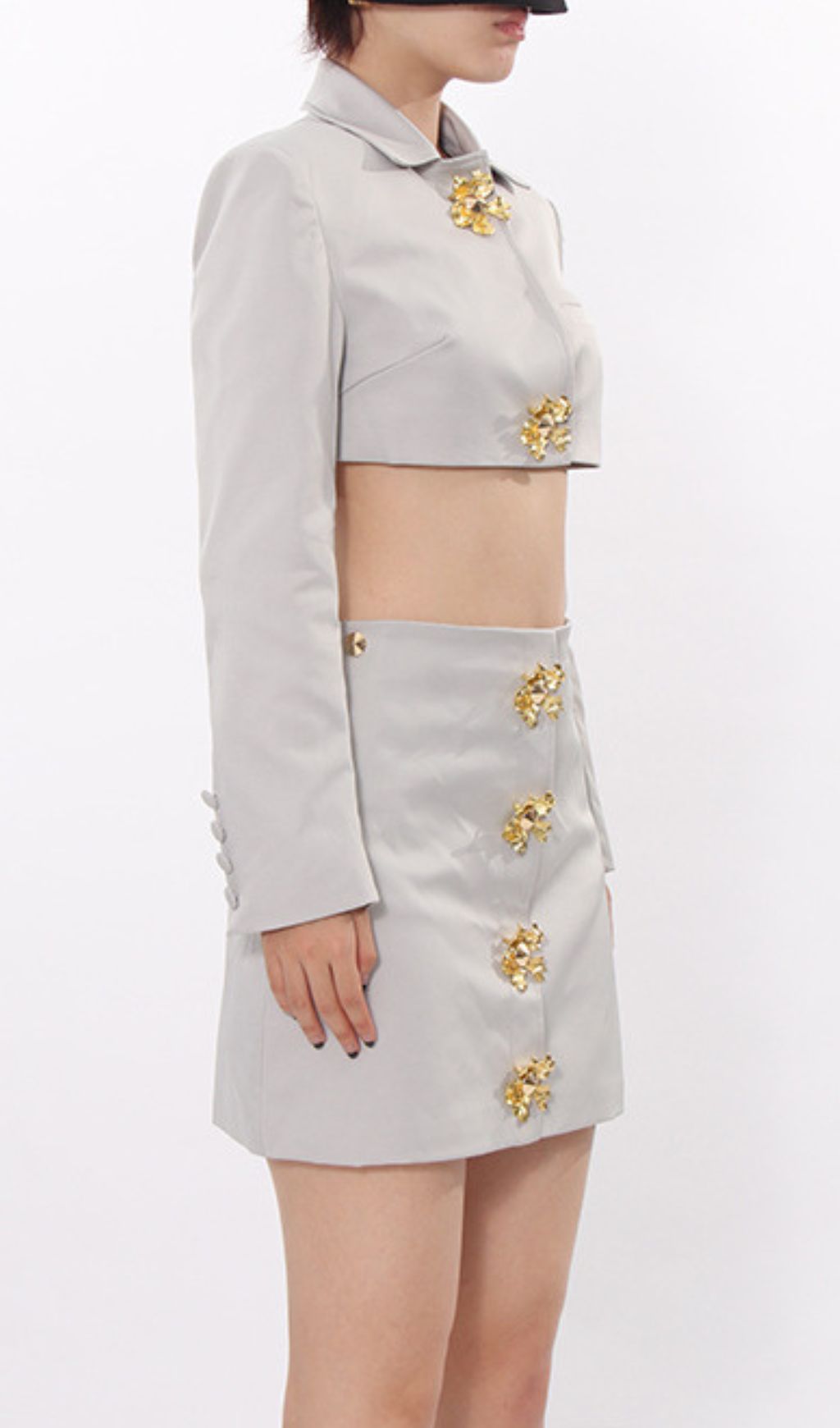 Idriya Chic Grey Cropped Blazer & Mini Skirt Set with Gold Floral Buttons