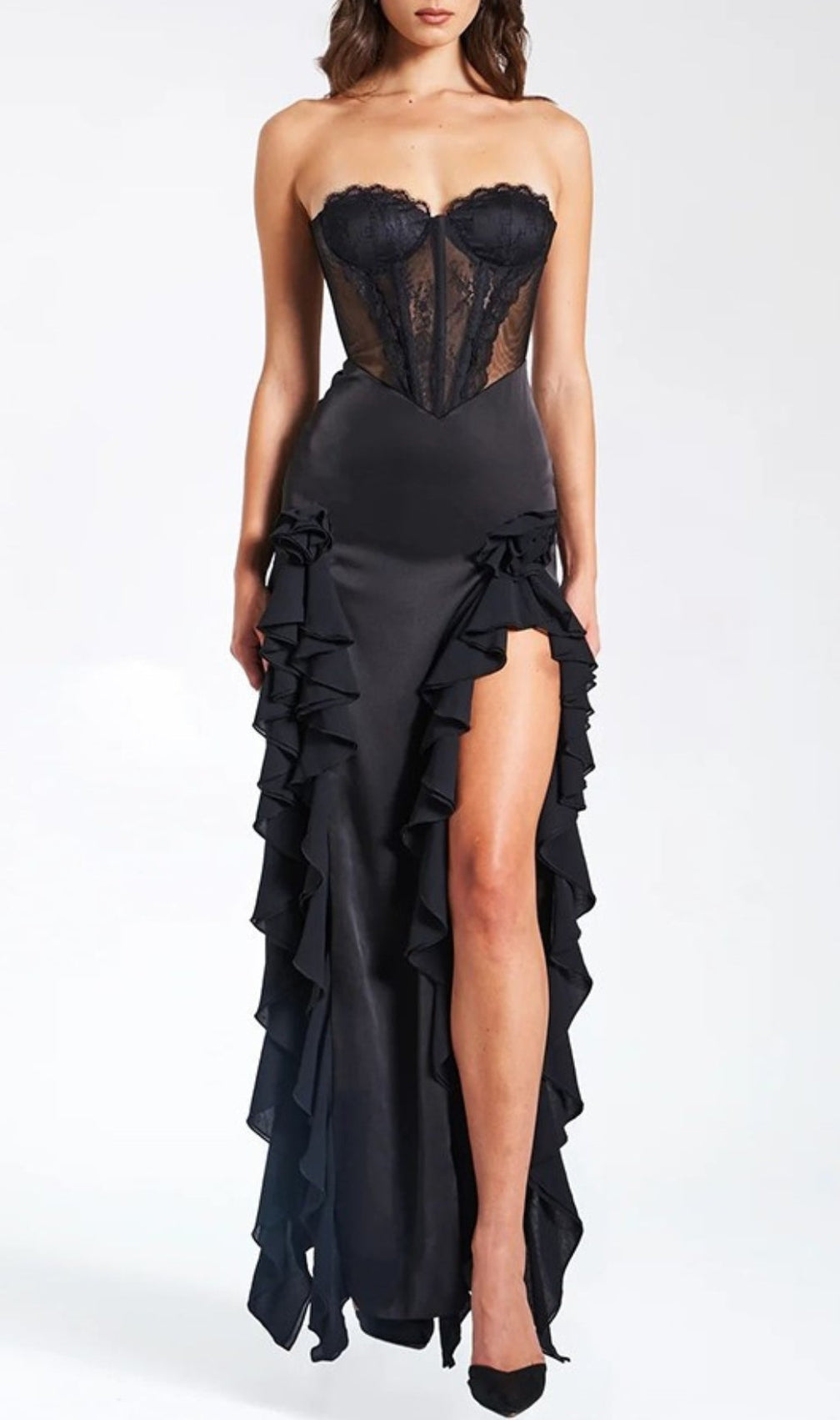 Amélie Black Satin Lace Corset Maxi Dress