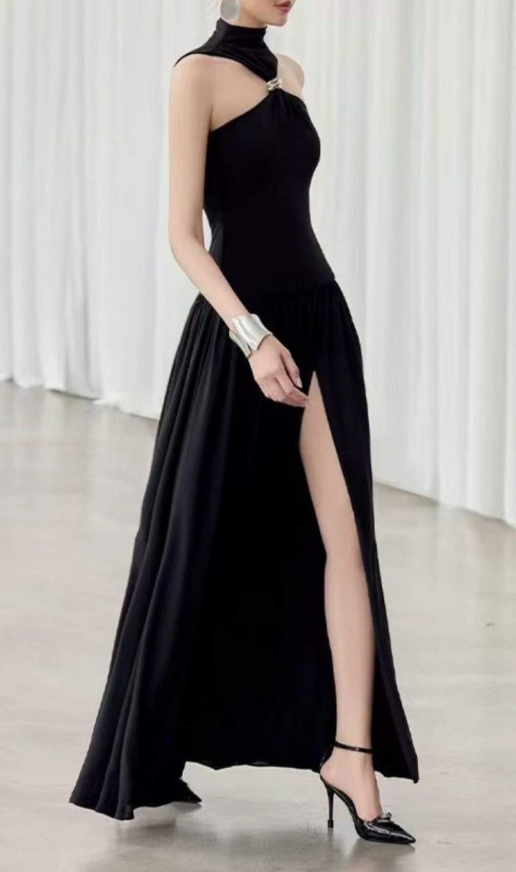 Glamorous Kelley Black Halter Maxi Dress | Daring Slit Evening Gown for Women