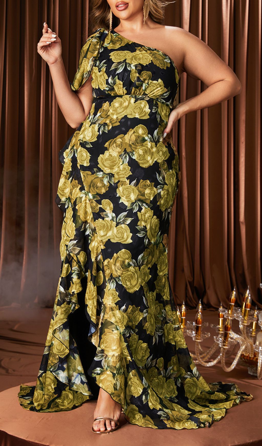 Heizle Chic Plus Size One-Shoulder Golden Rose Maxi Dress