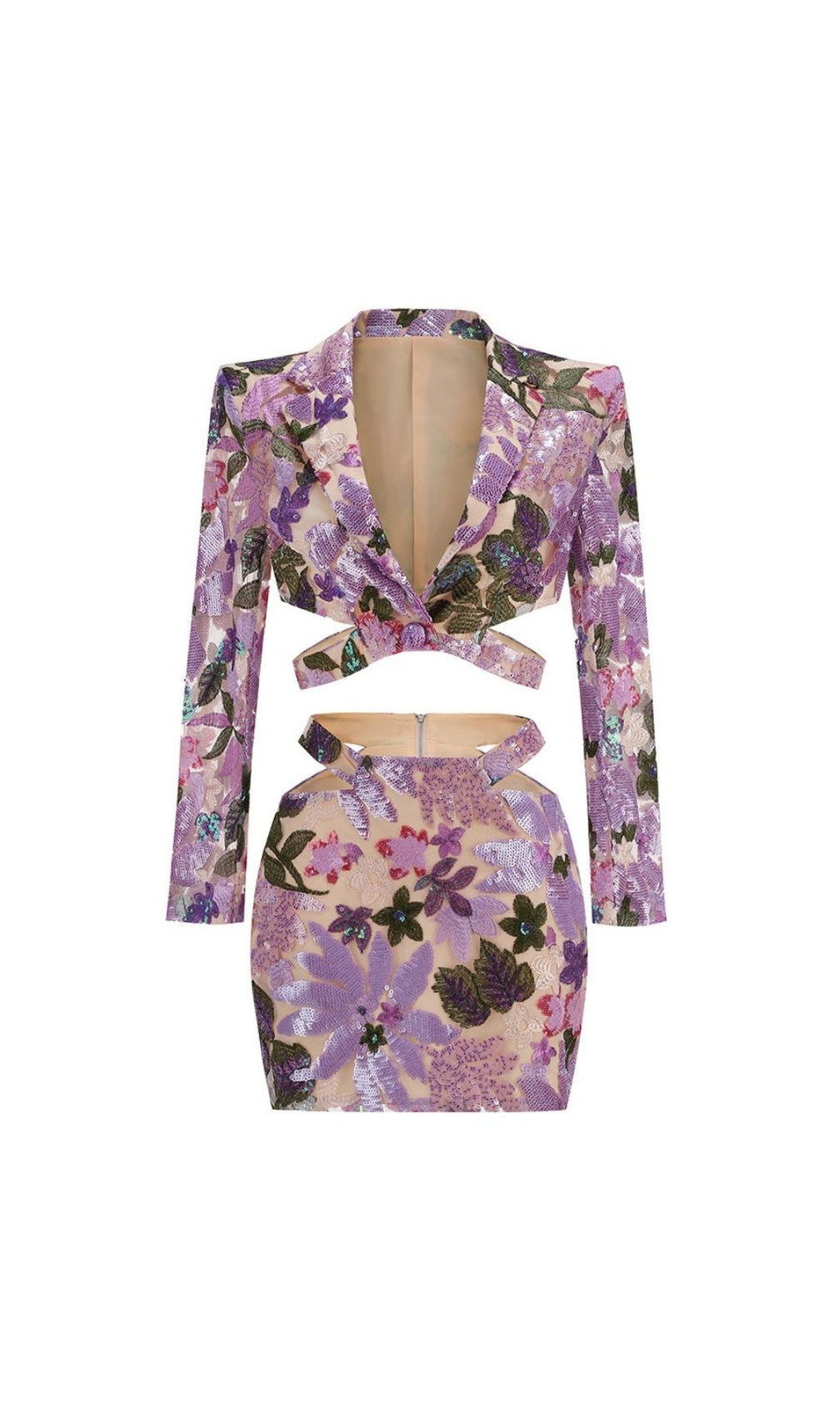 Kendra Dazzling Purple Sequin Floral Two-Piece Set | Glamorous Crop Top & Mini Skirt