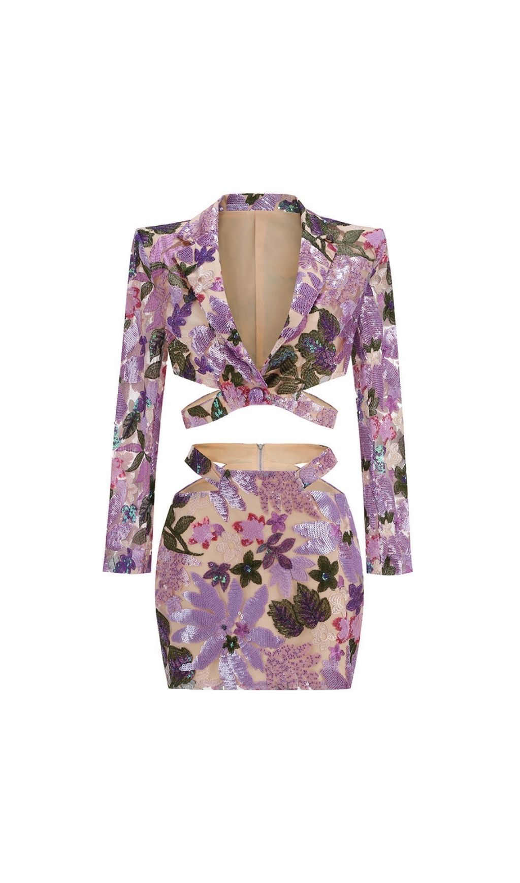 Kendra Dazzling Purple Sequin Floral Two-Piece Set | Glamorous Crop Top & Mini Skirt
