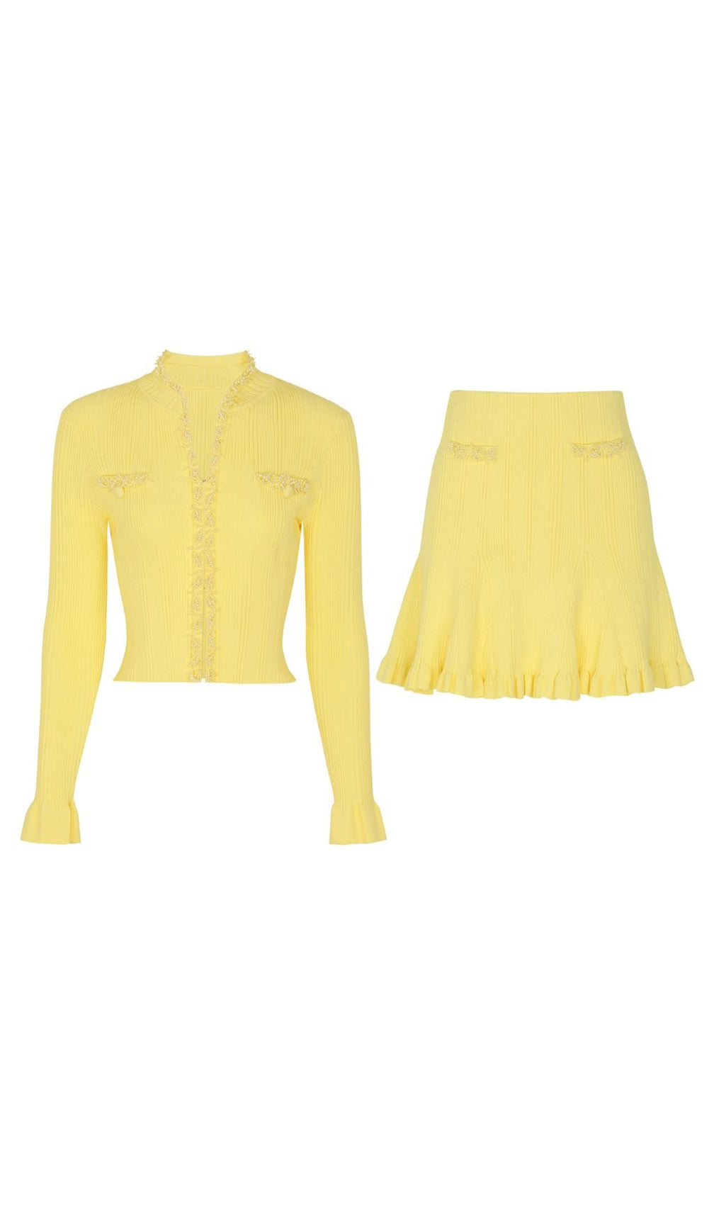 Buttery Yellow Ribbed Knit Cardigan & Mini Skirt Set - Chic 2-Piece Outfit