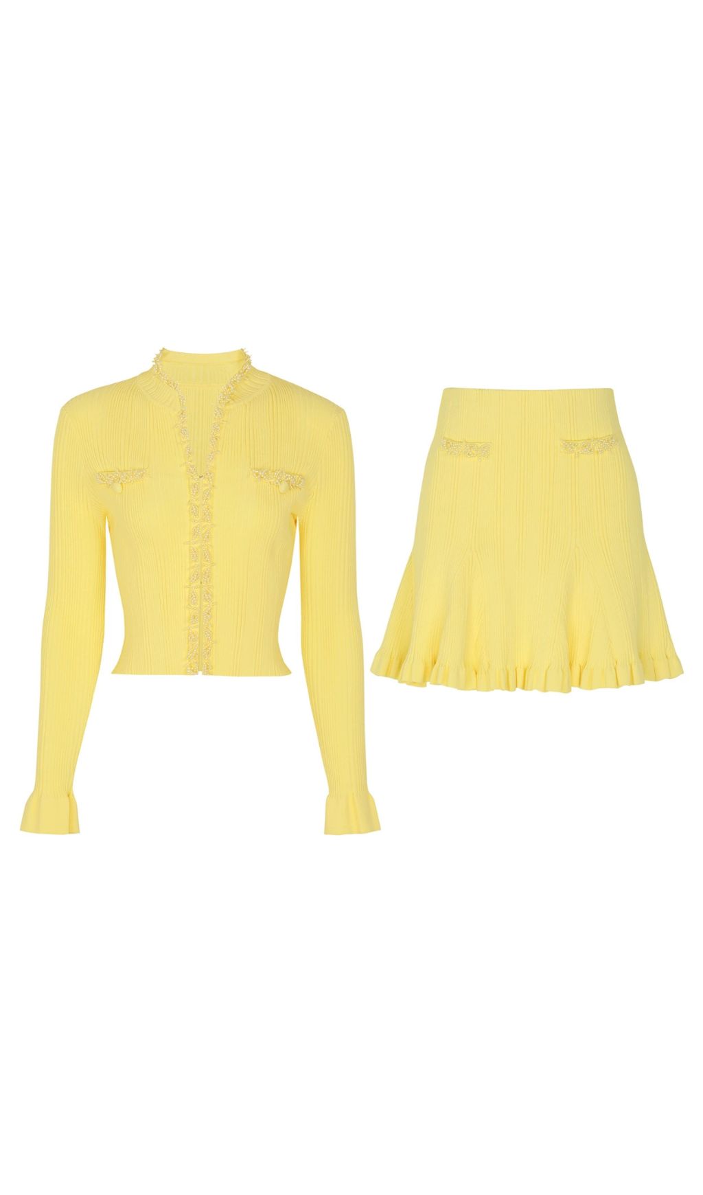 Buttery Yellow Ribbed Knit Cardigan & Mini Skirt Set - Chic 2-Piece Outfit
