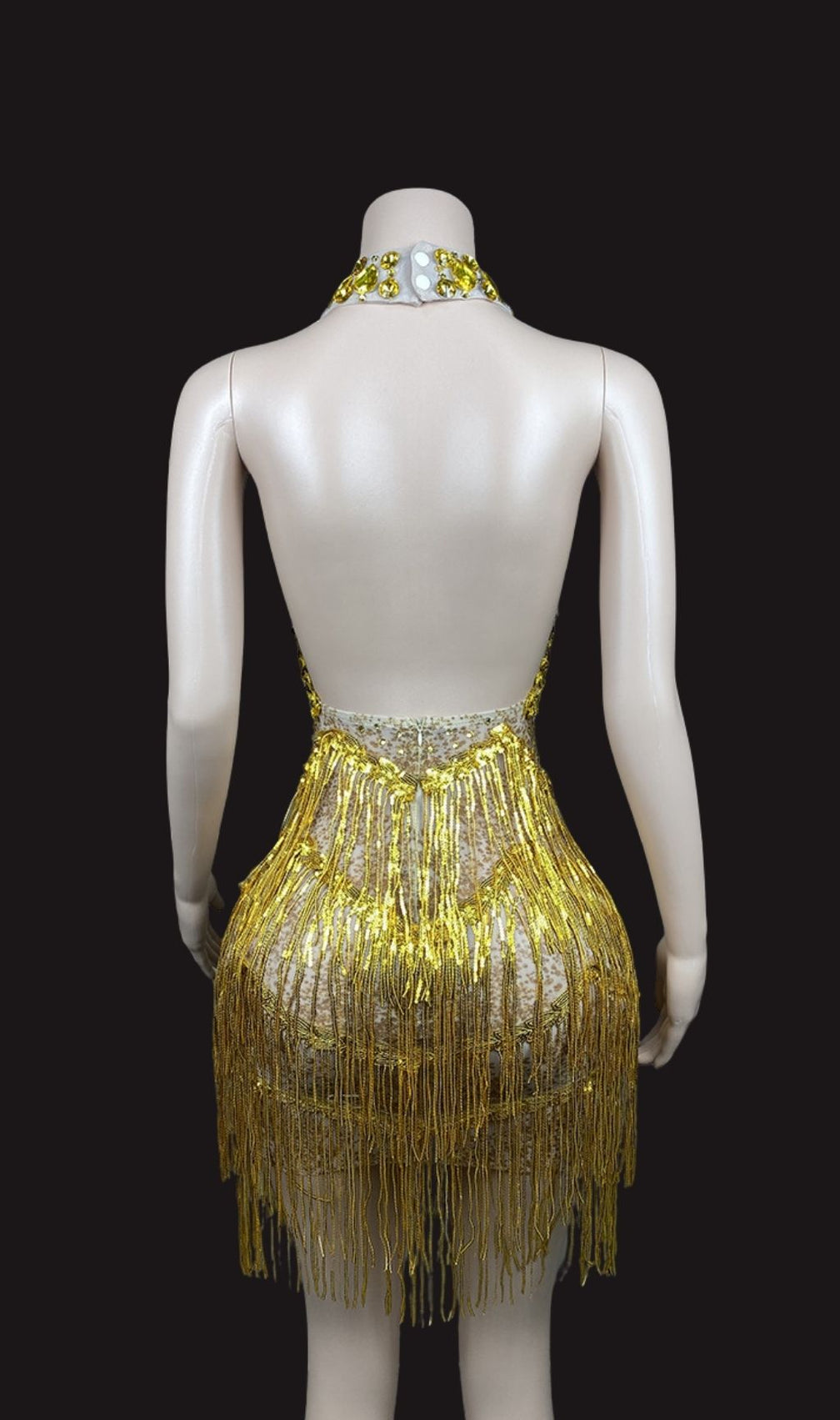 Elmarie Dazzling Gold Fringe Sequin Backless Halter Mini Dress