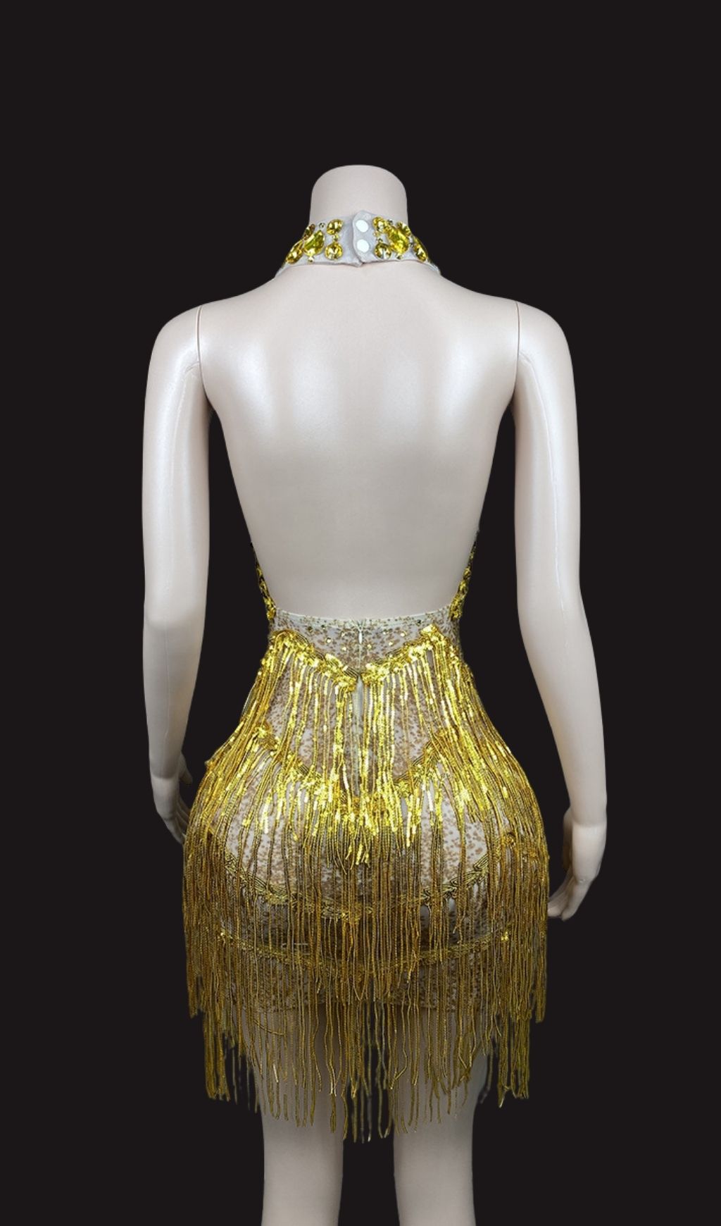 Elmarie Dazzling Gold Fringe Sequin Backless Halter Mini Dress