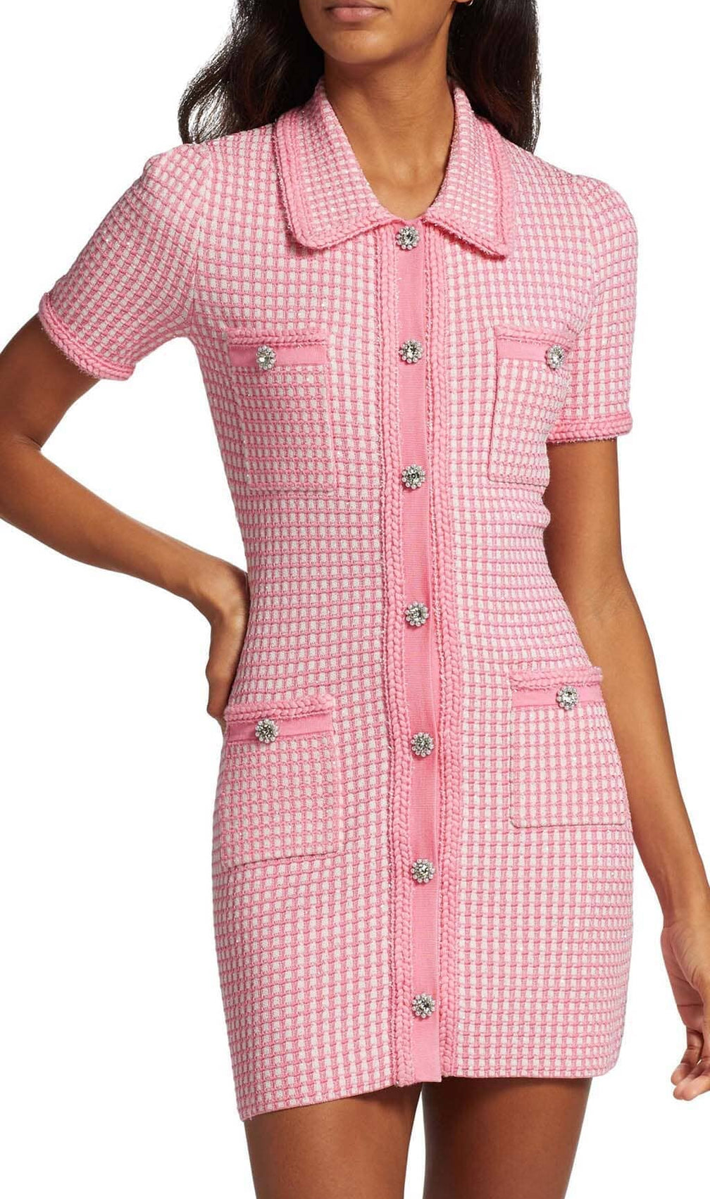 Knitted Button Mini Dress In Pink