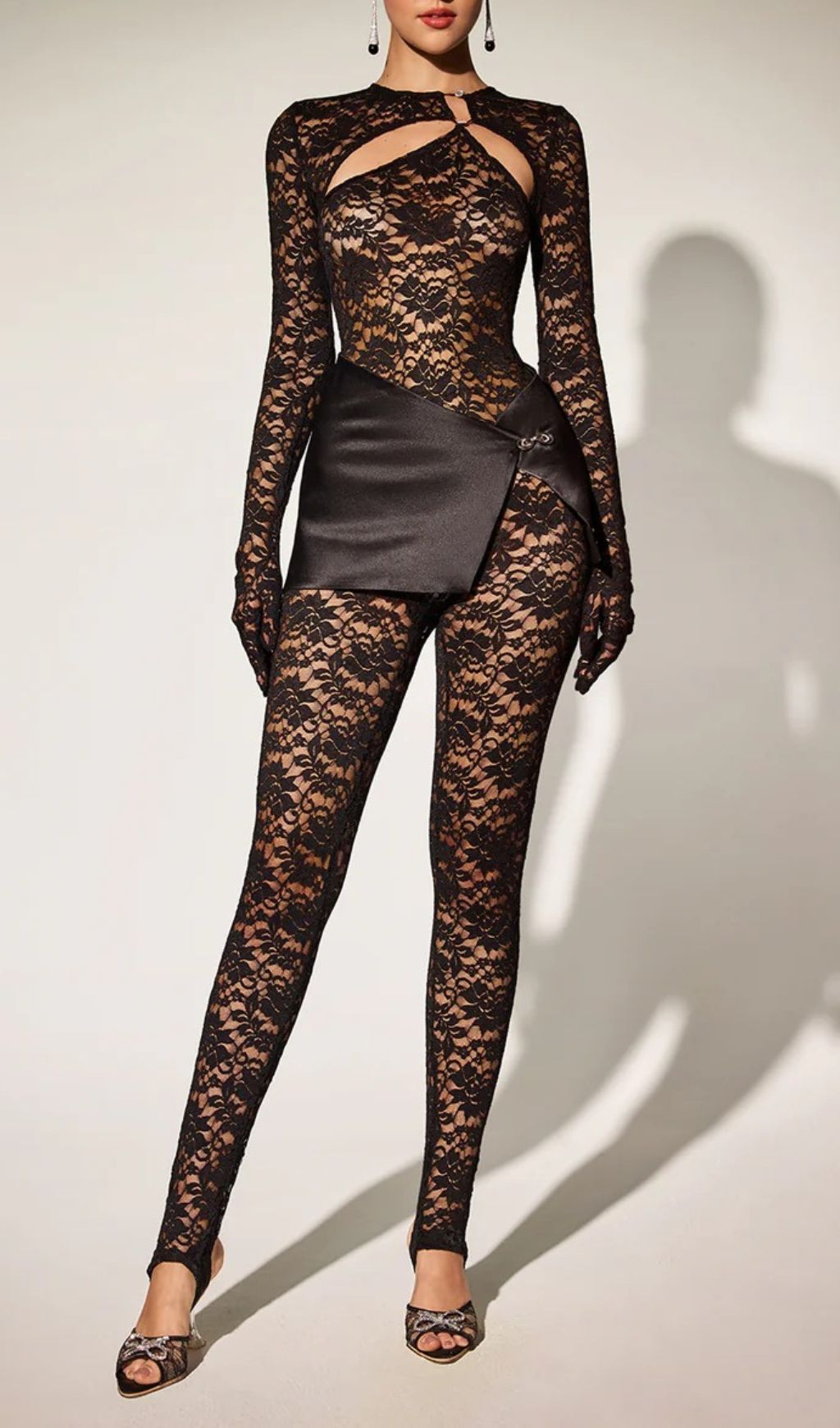 Eustace Glamour Lace Cutout Jumpsuit with Satin Mini Skirt Overlay