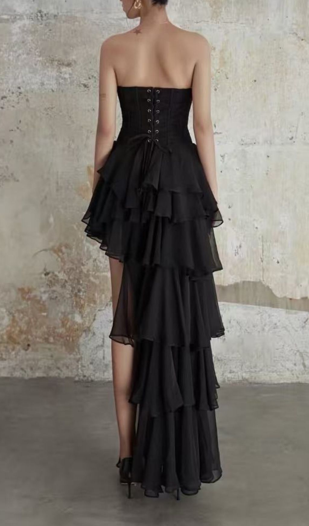 Kassi Black Strapless Tiered Ruffle Maxi Gown | Elegant Formal Evening Dress