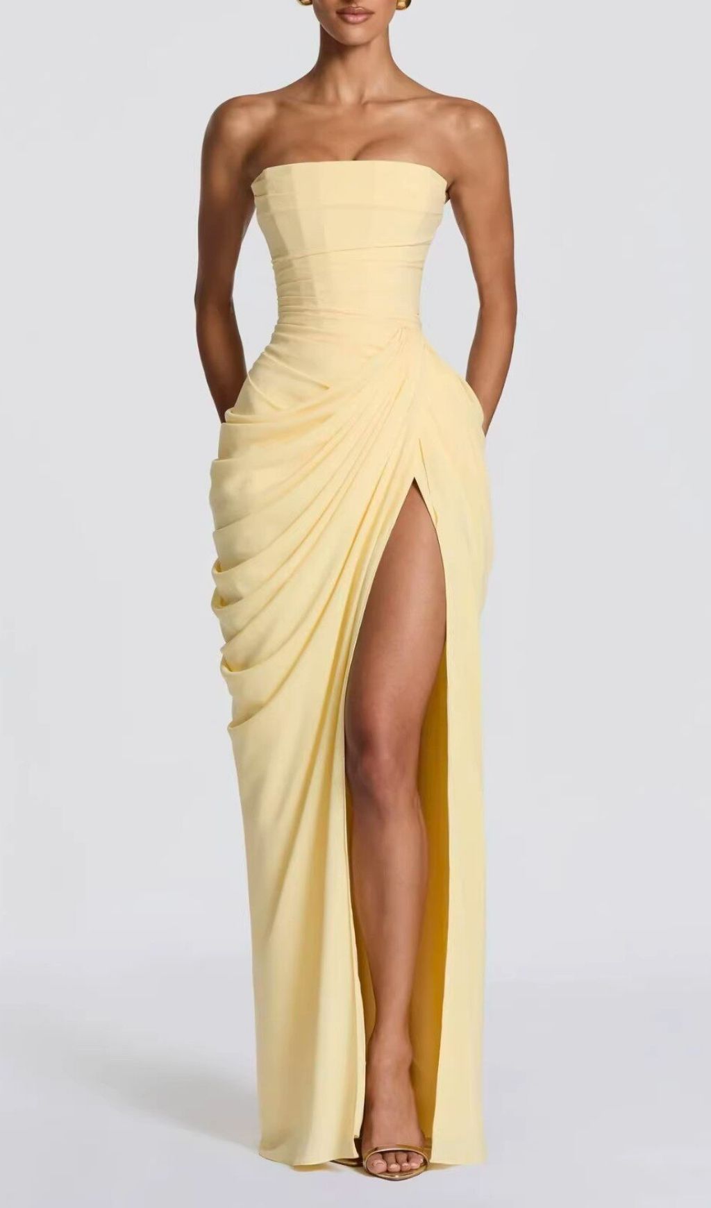 Keilah Strapless Ruched Maxi Dress: Elegant & Figure-Flattering Gown with High Slit