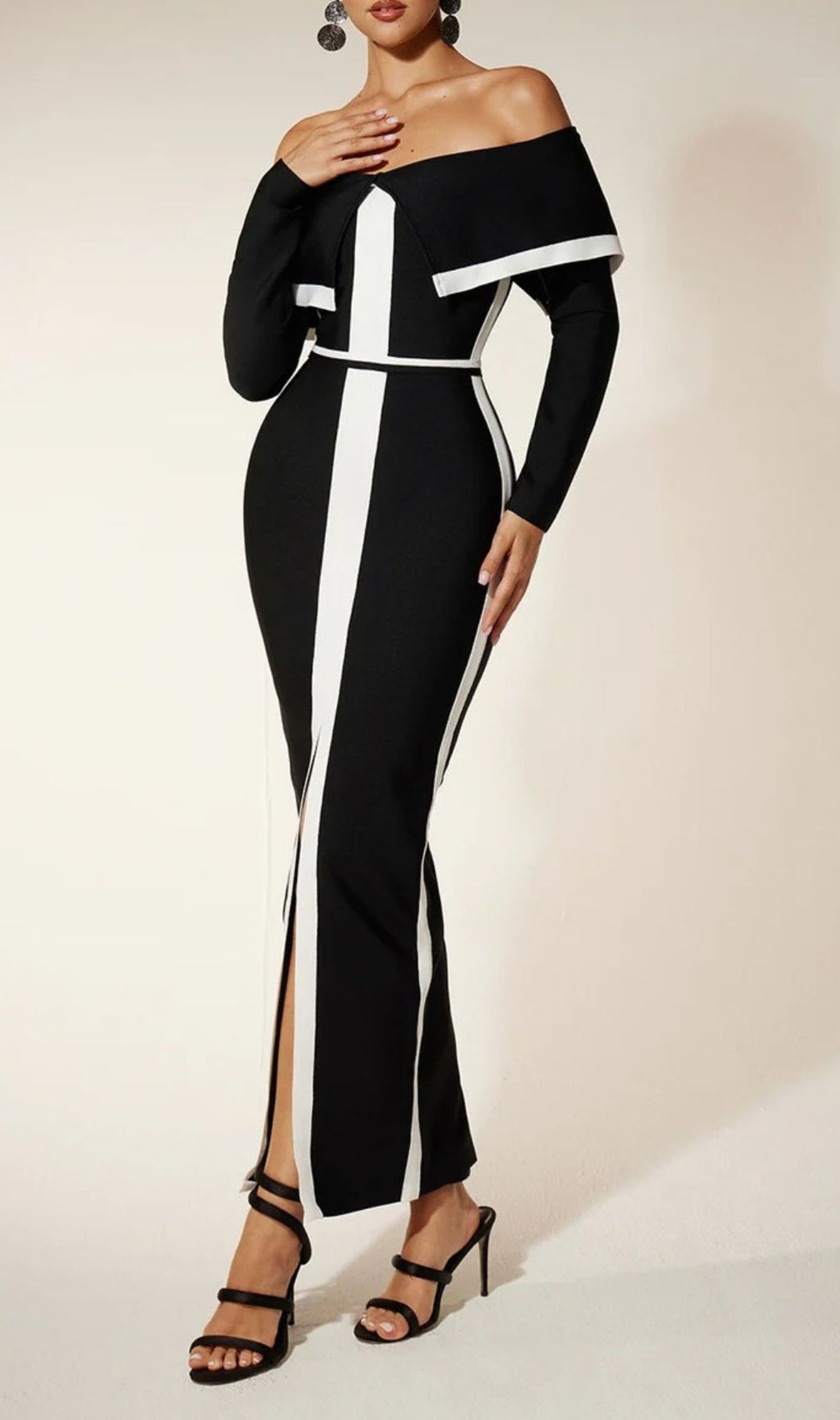 Glamorous Off-Shoulder Black & White Bandage Maxi Dress with High Split