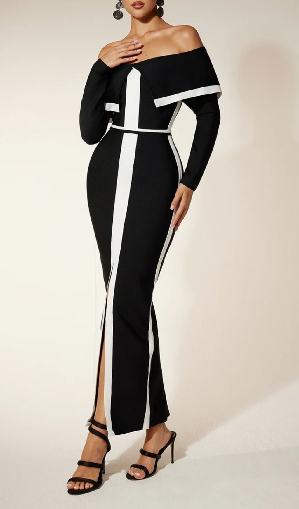 Glamorous Off-Shoulder Black & White Bandage Maxi Dress with High Split