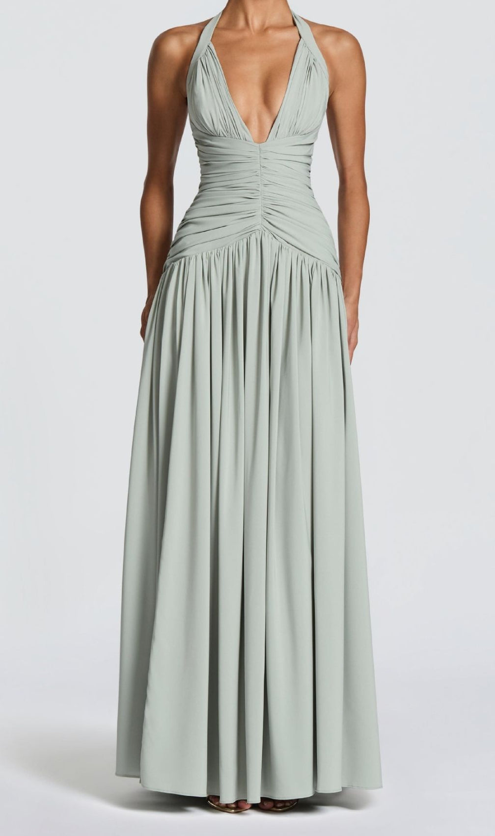 Kelley Celadon Halter Maxi Dress - Elegant Ruched Gown with High Slit