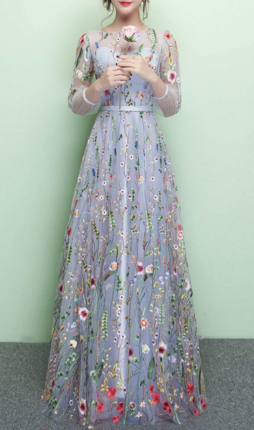 Dannell Gray Flower Mesh Sleeve Maxi Dress