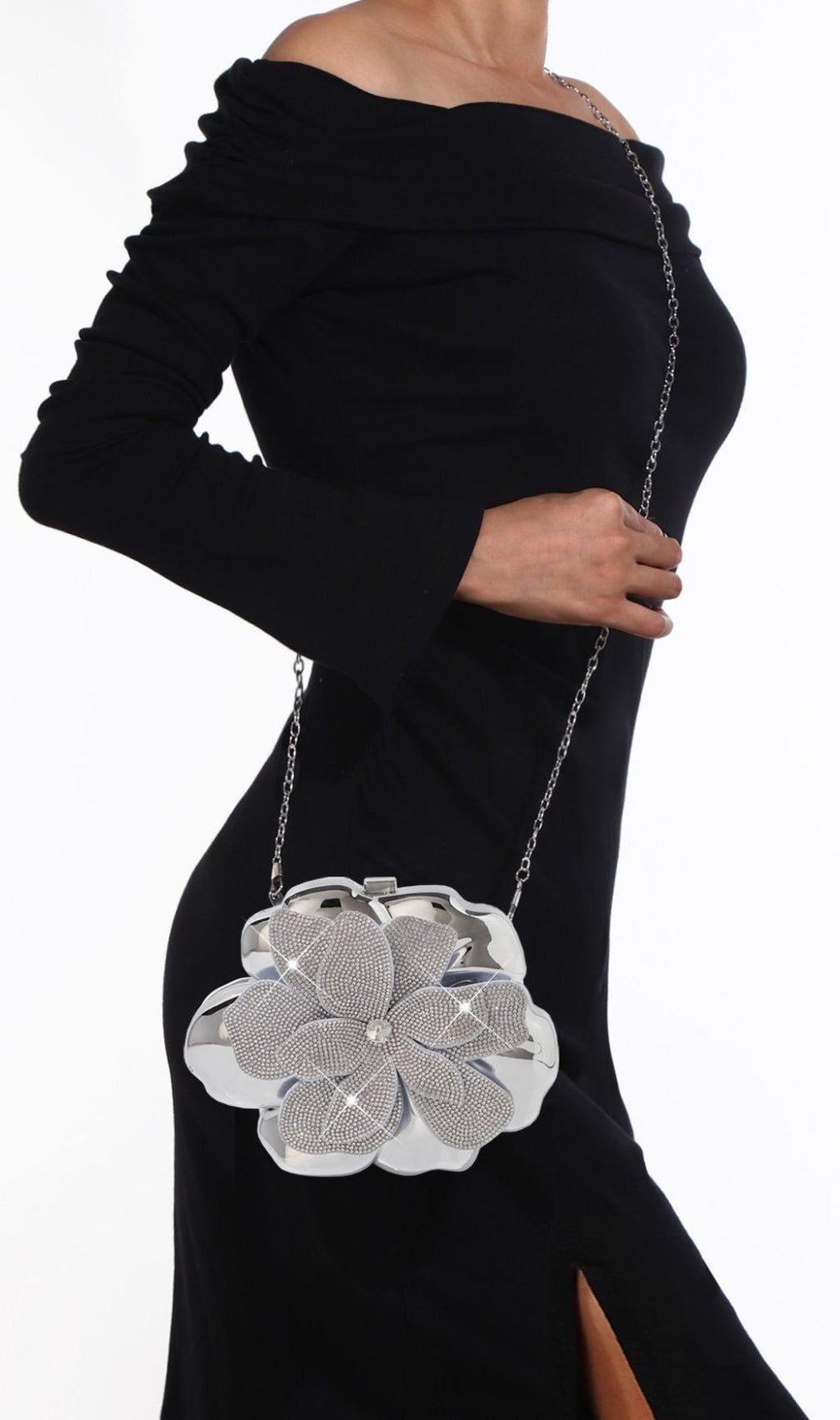 Khoi Luxe Silver Flower Diamante Clutch | Sparkling Evening Bag for Women