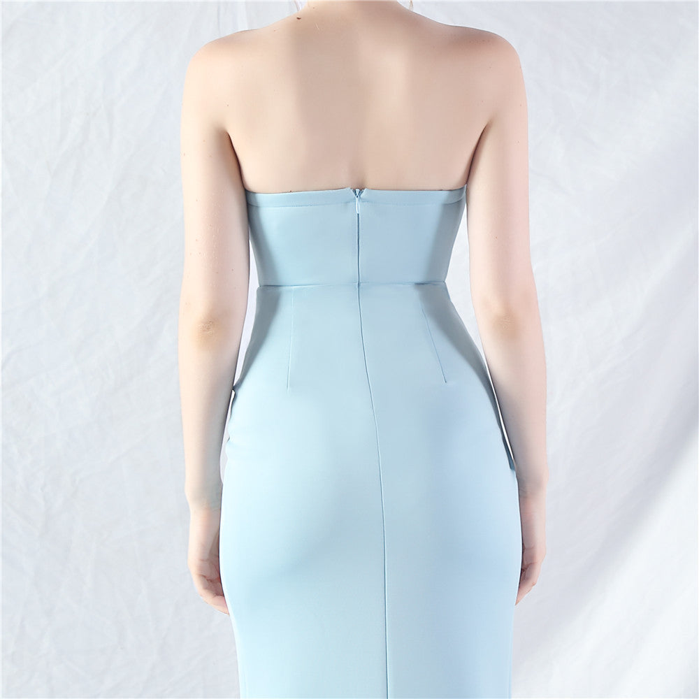 Chizue Blue Strapless Corset Split Maxi Dress