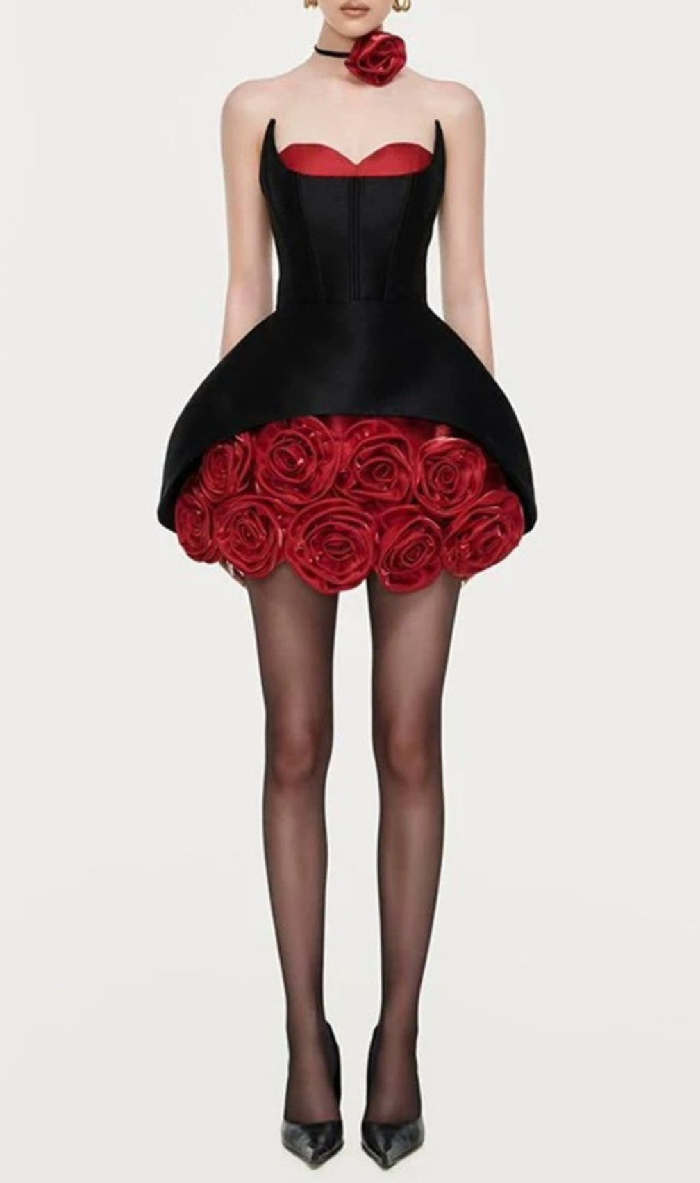 Ildiko Black Strapless Corset Mini Dress with Red Roses | Fierce & Elegant