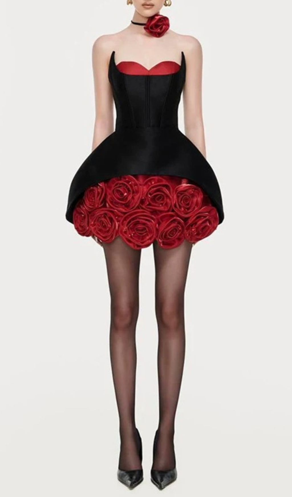 Ildiko Black Strapless Corset Mini Dress with Red Roses | Fierce & Elegant