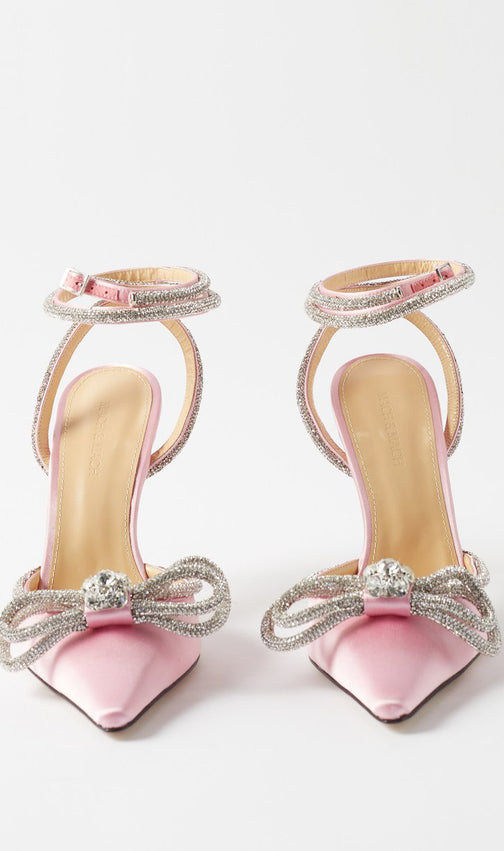 Bow Crystal Satin Heels In Blush