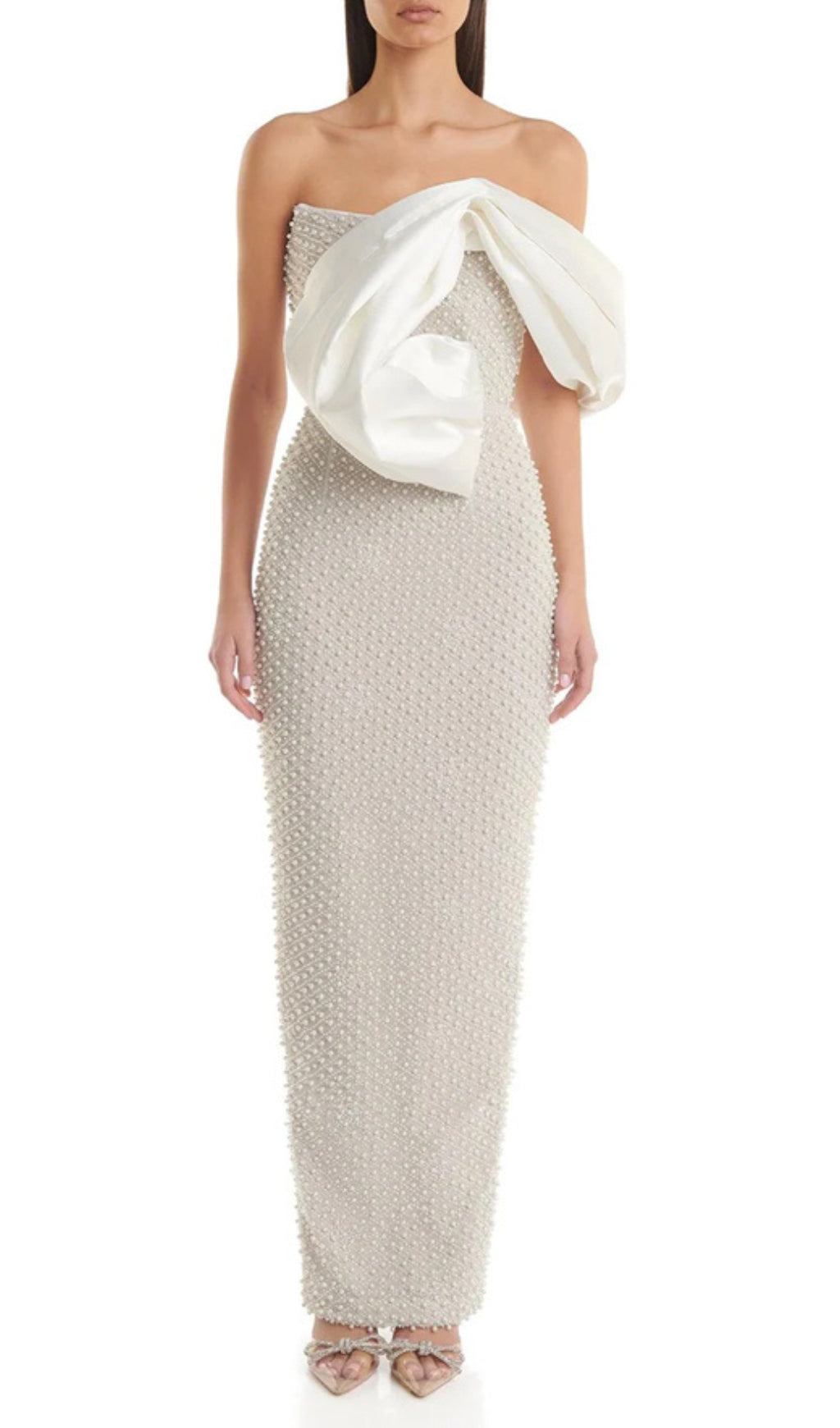 Adwen White Draped Bardot Pearl Maxi Dress