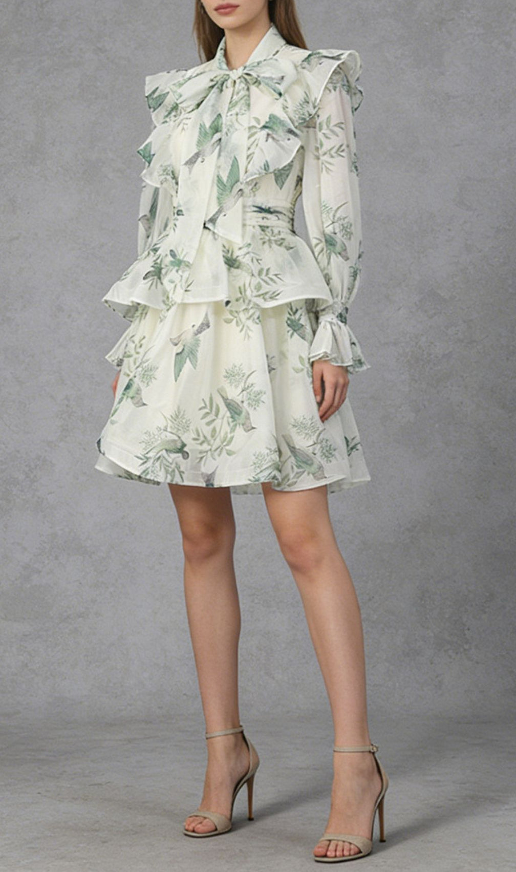 Kaela Chic Whimsical Bird Print Ruffle Long Sleeve Mini Dress