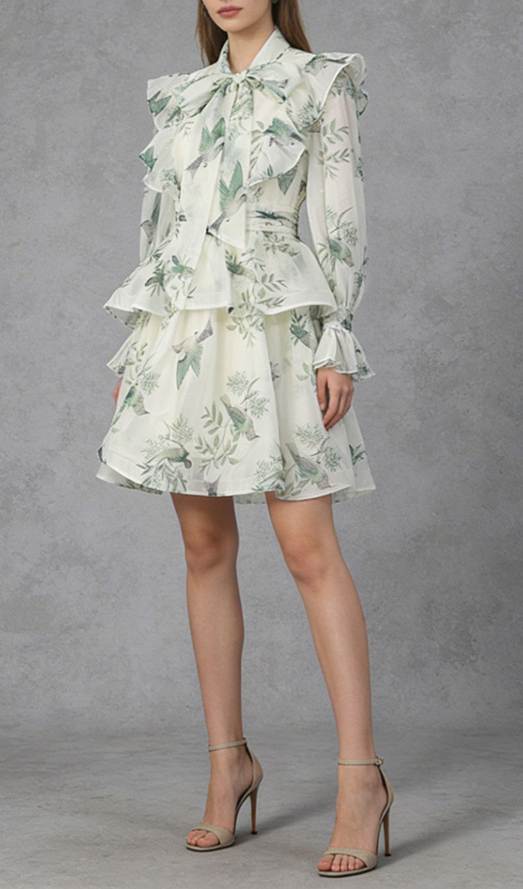 Kaela Chic Whimsical Bird Print Ruffle Long Sleeve Mini Dress