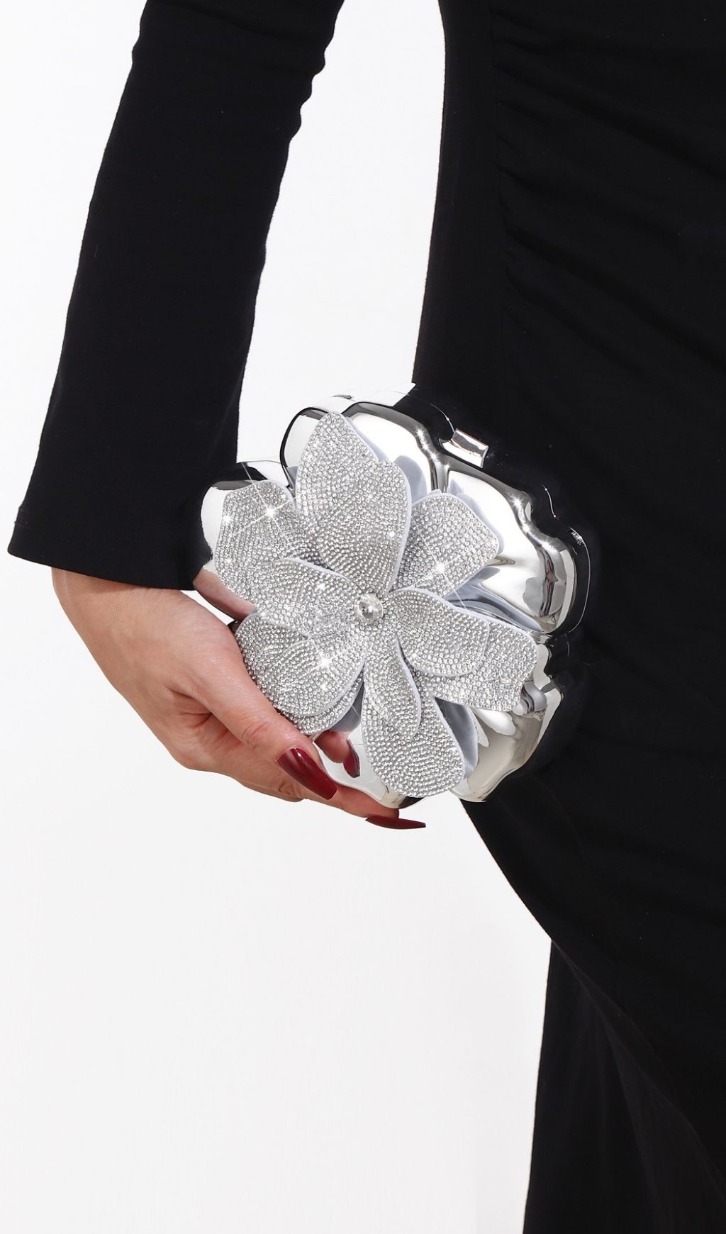 Khoi Luxe Silver Flower Diamante Clutch | Sparkling Evening Bag for Women