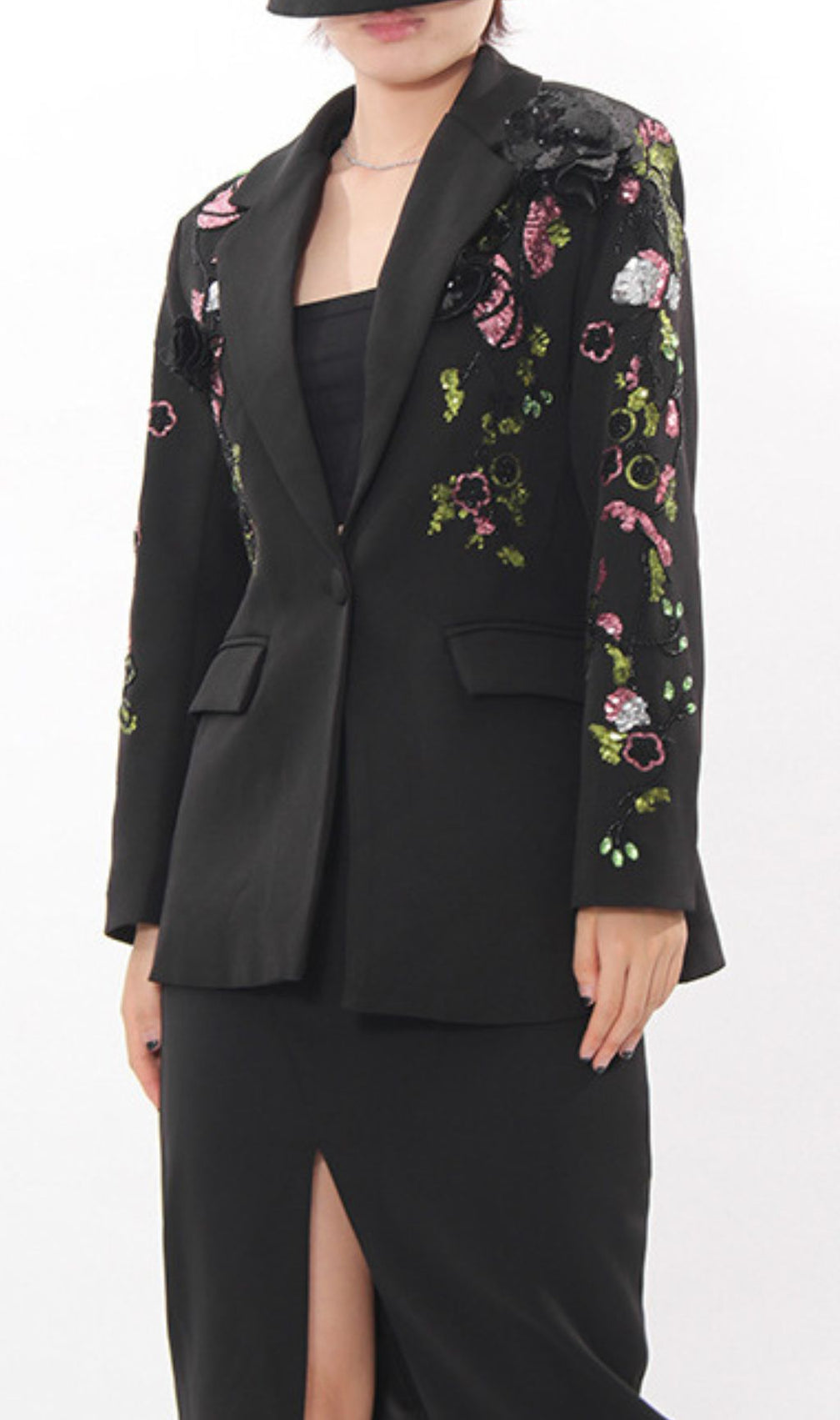 Ifama Black Sequin Floral Blazer - Women's Glam Statement Jacket