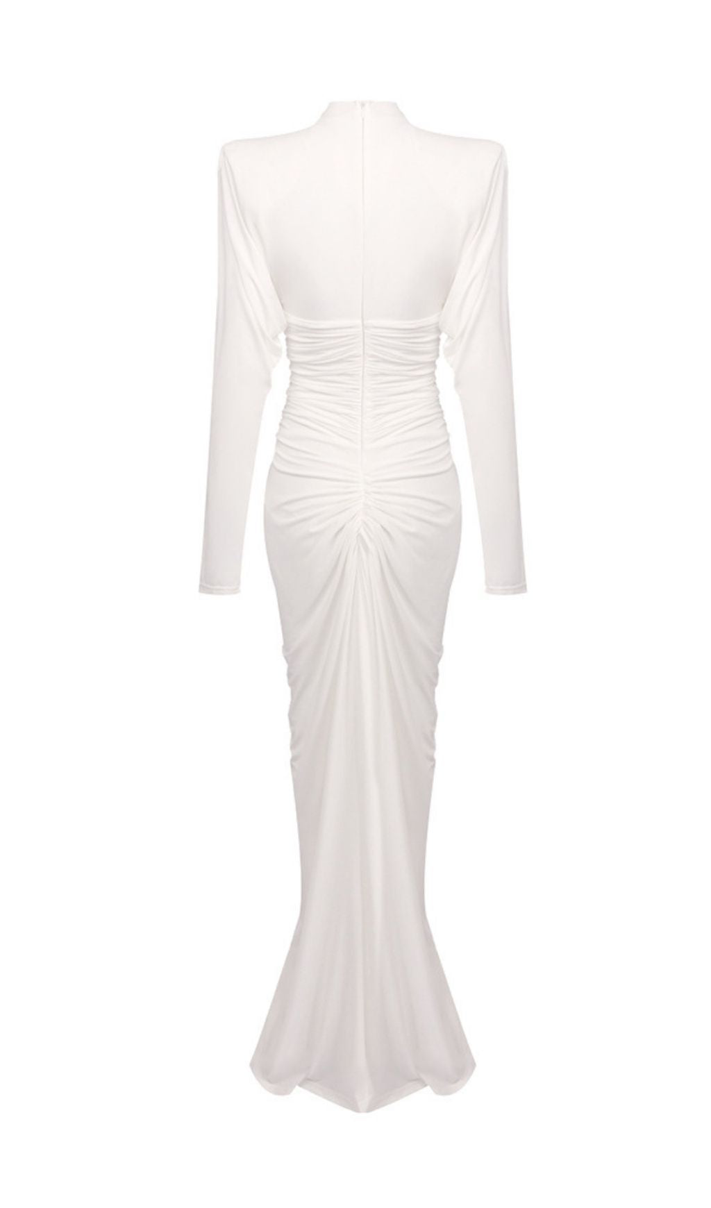 Katrien Sculptural White Ruched Heart Bodice Maxi Dress - Elegant Long Sleeve Gown