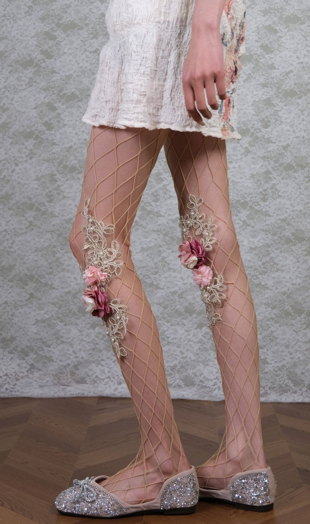 Ethereal 3D Floral & Pearl Embellished Mesh Tights