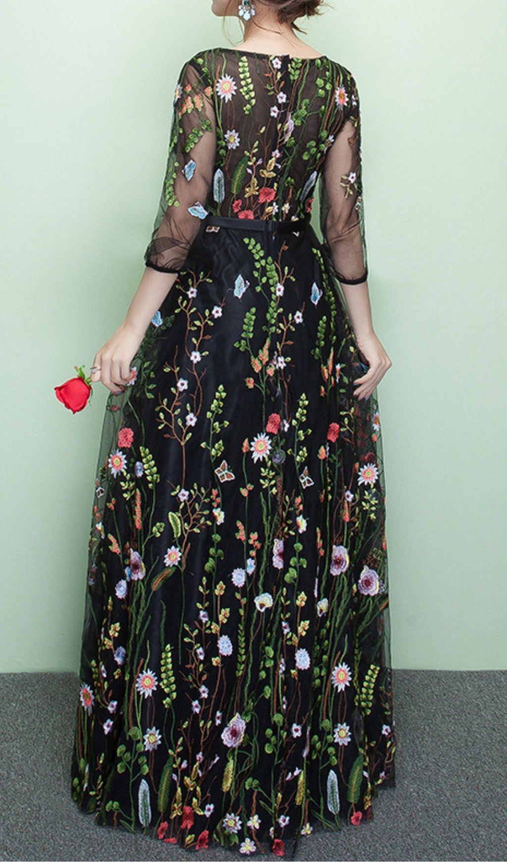 Dannell Black Flower Mesh Sleeve Maxi Dress