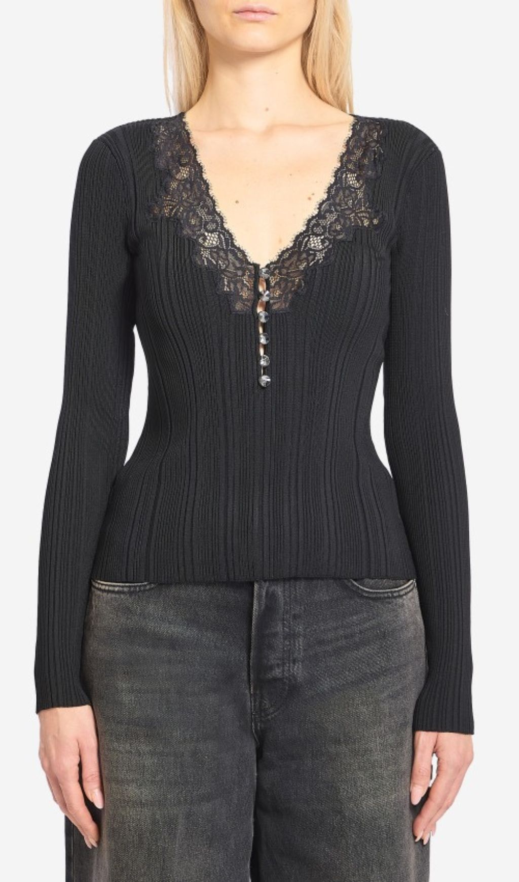 Hulda Black V-Neck Lace Ribbed Knit Top | Chic Women's Sweater