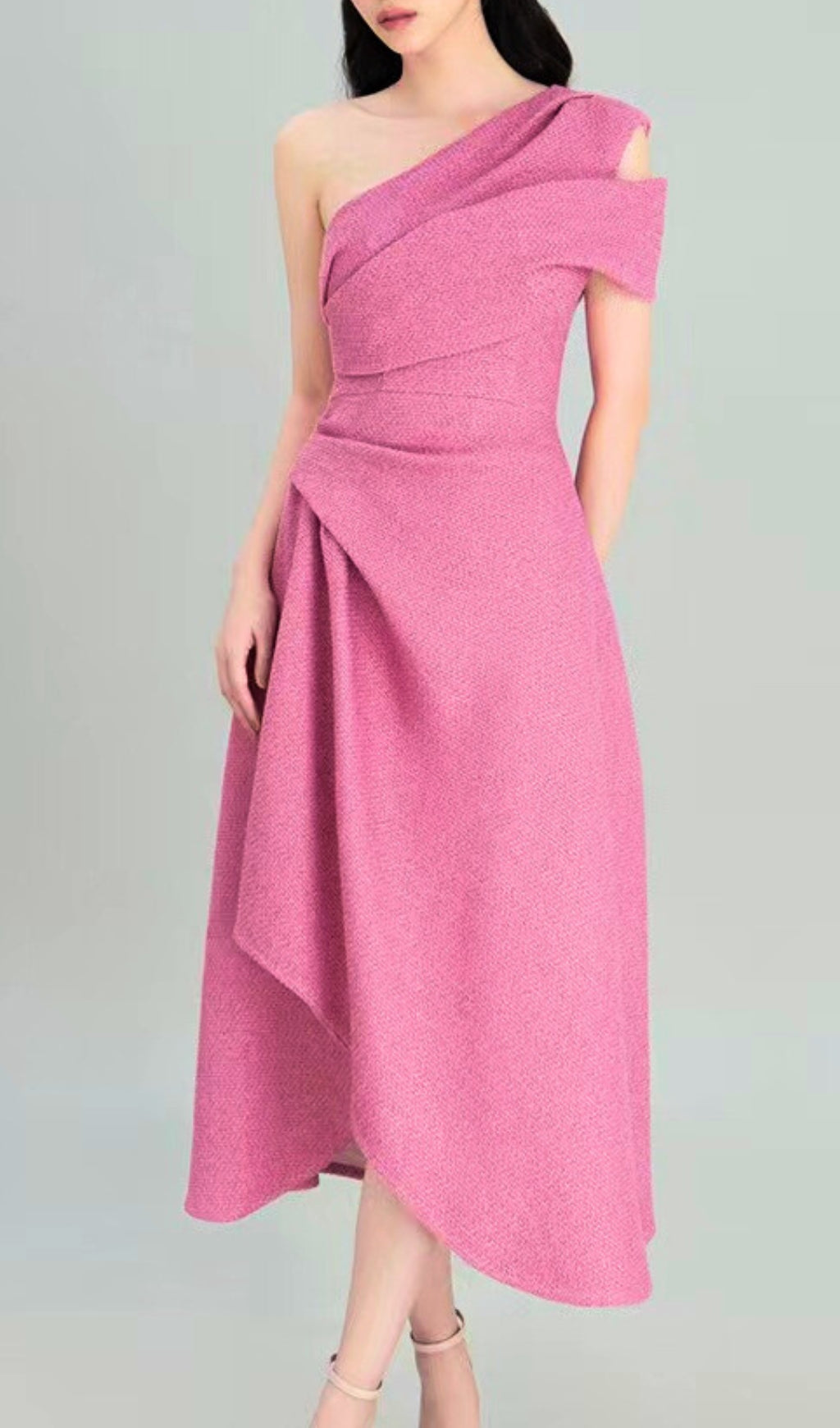 Irregular One-Shoulder Midi Dress In Hot Pink