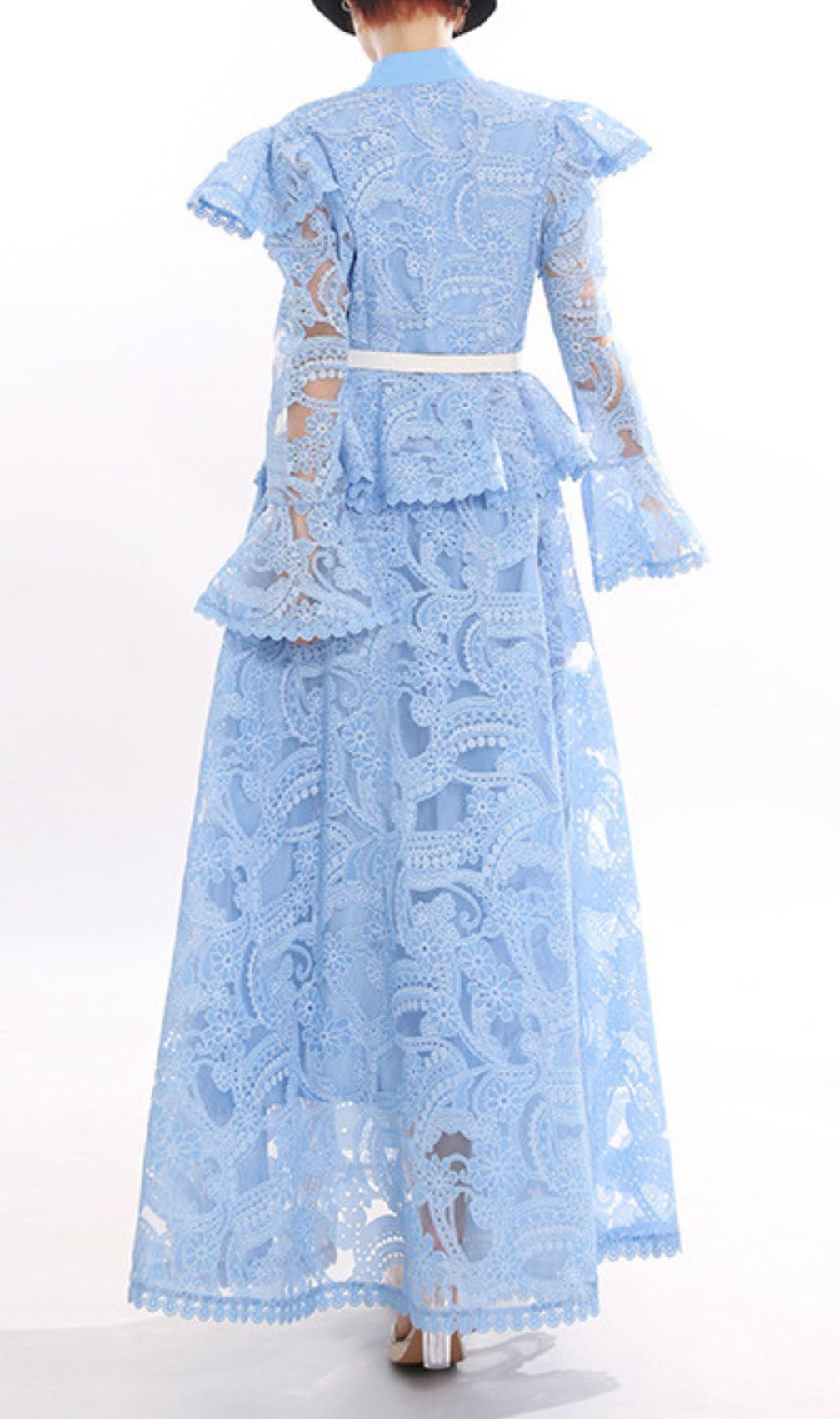 Jereni Blue Lace Maxi Dress for Women - Elegant Embroidered Boho Gown