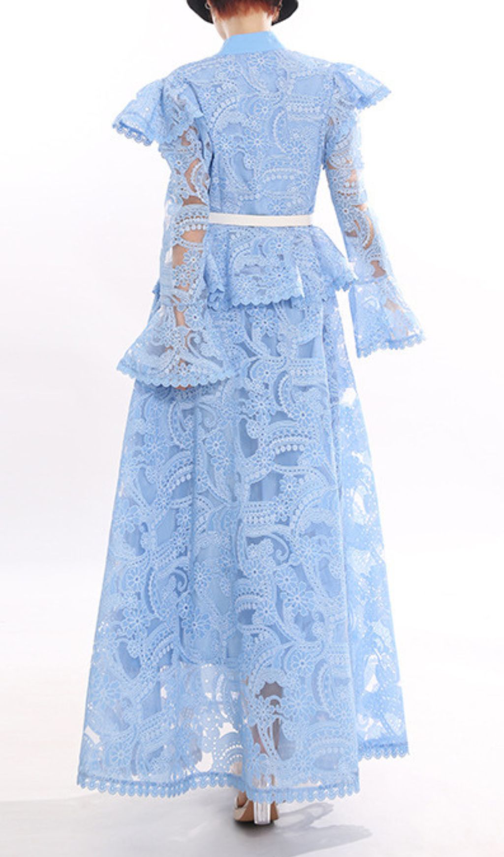 Jereni Blue Lace Maxi Dress for Women - Elegant Embroidered Boho Gown