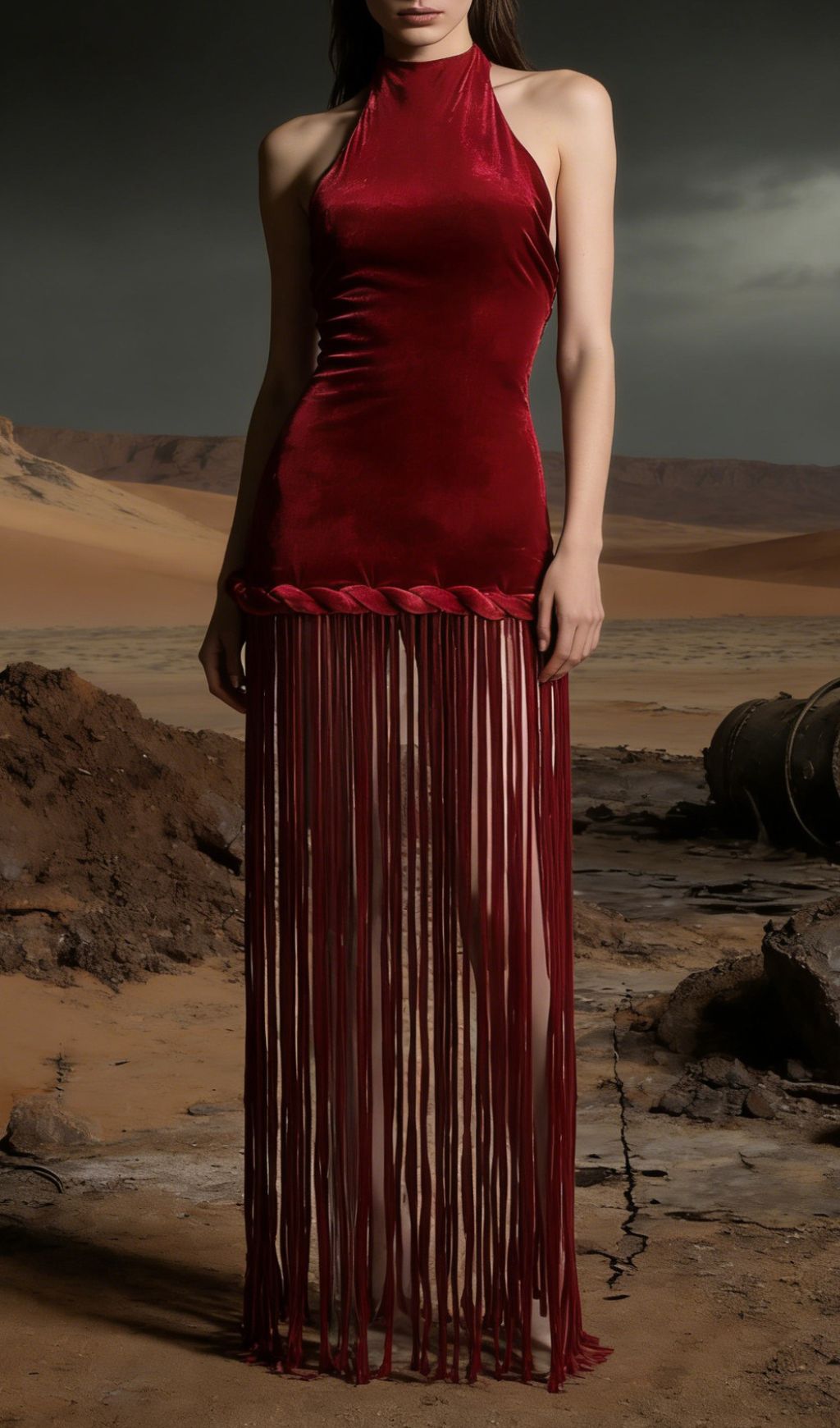Jayla Red Velvet Halter Maxi Dress with Dramatic Tassels - Ultimate Statement Gown