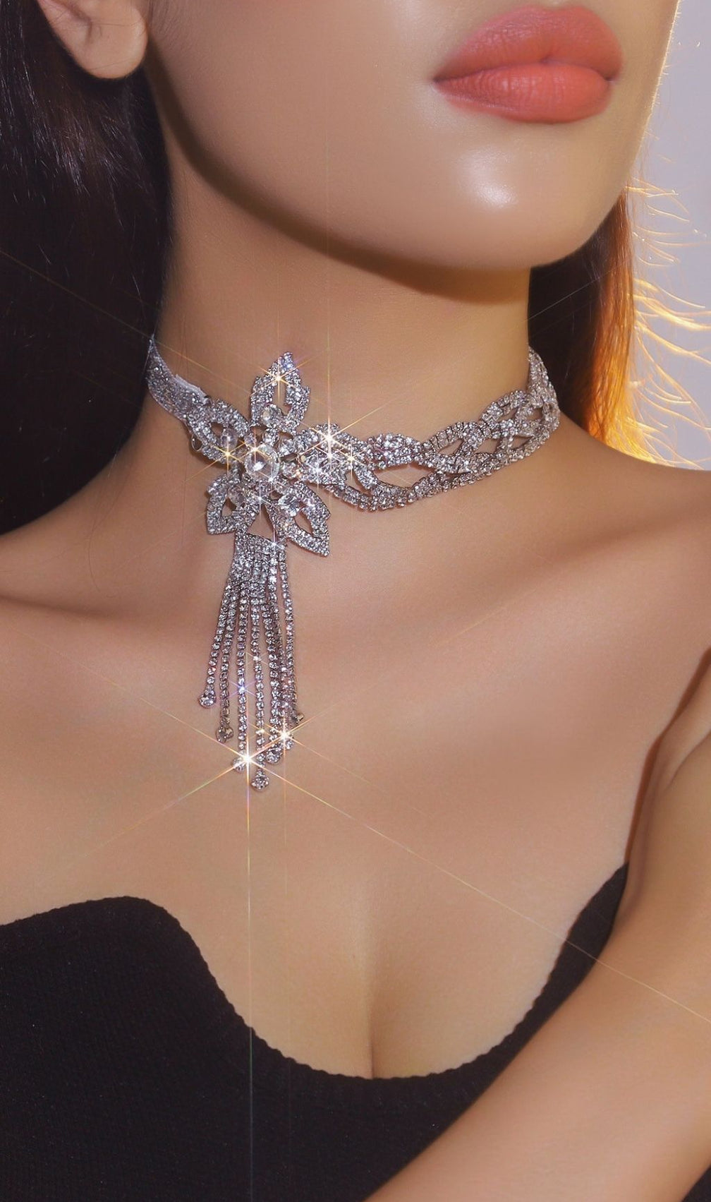 Kelley Dazzling Floral Diamante Tassel Choker Necklace - Statement Sparkle