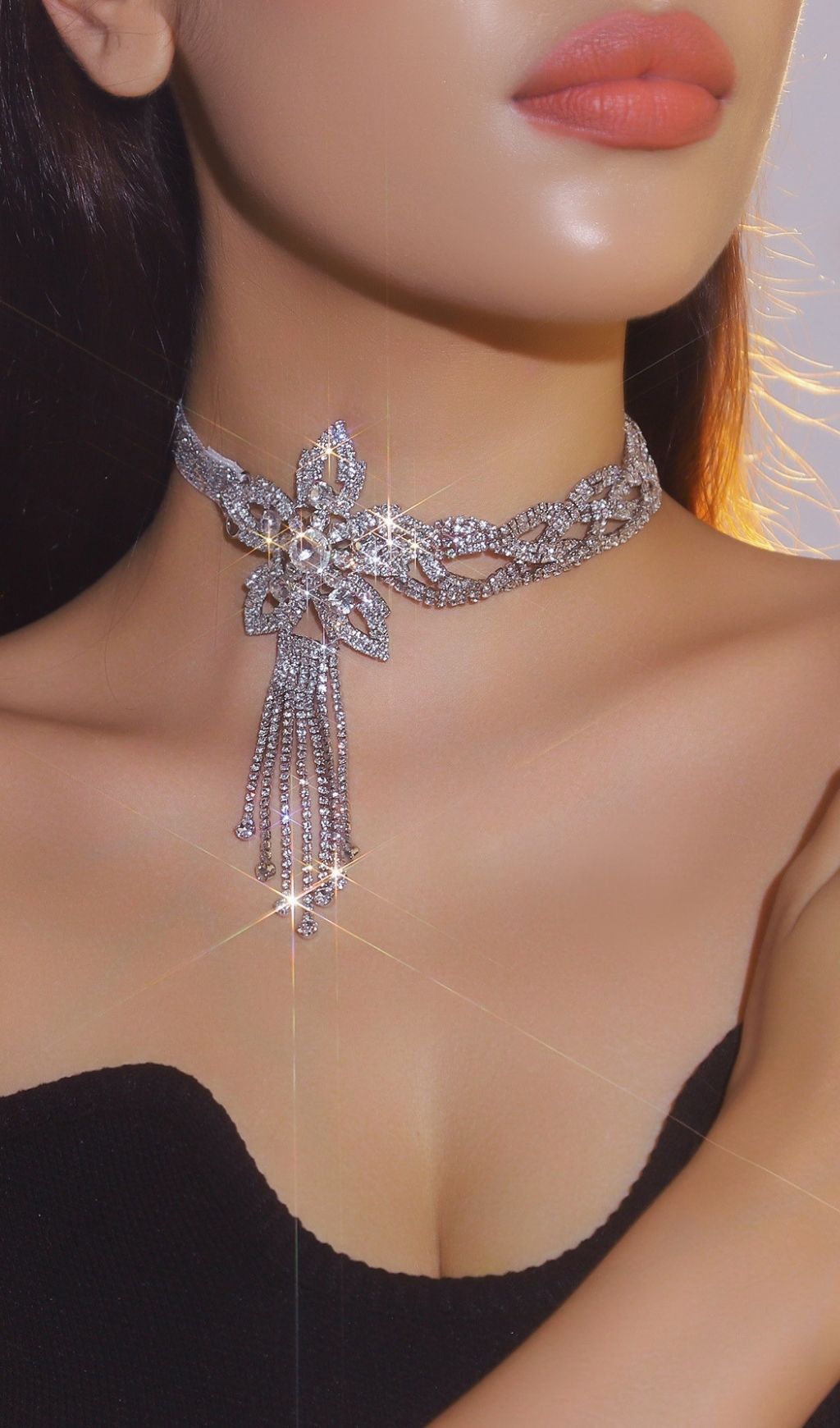 Kelley Dazzling Floral Diamante Tassel Choker Necklace - Statement Sparkle